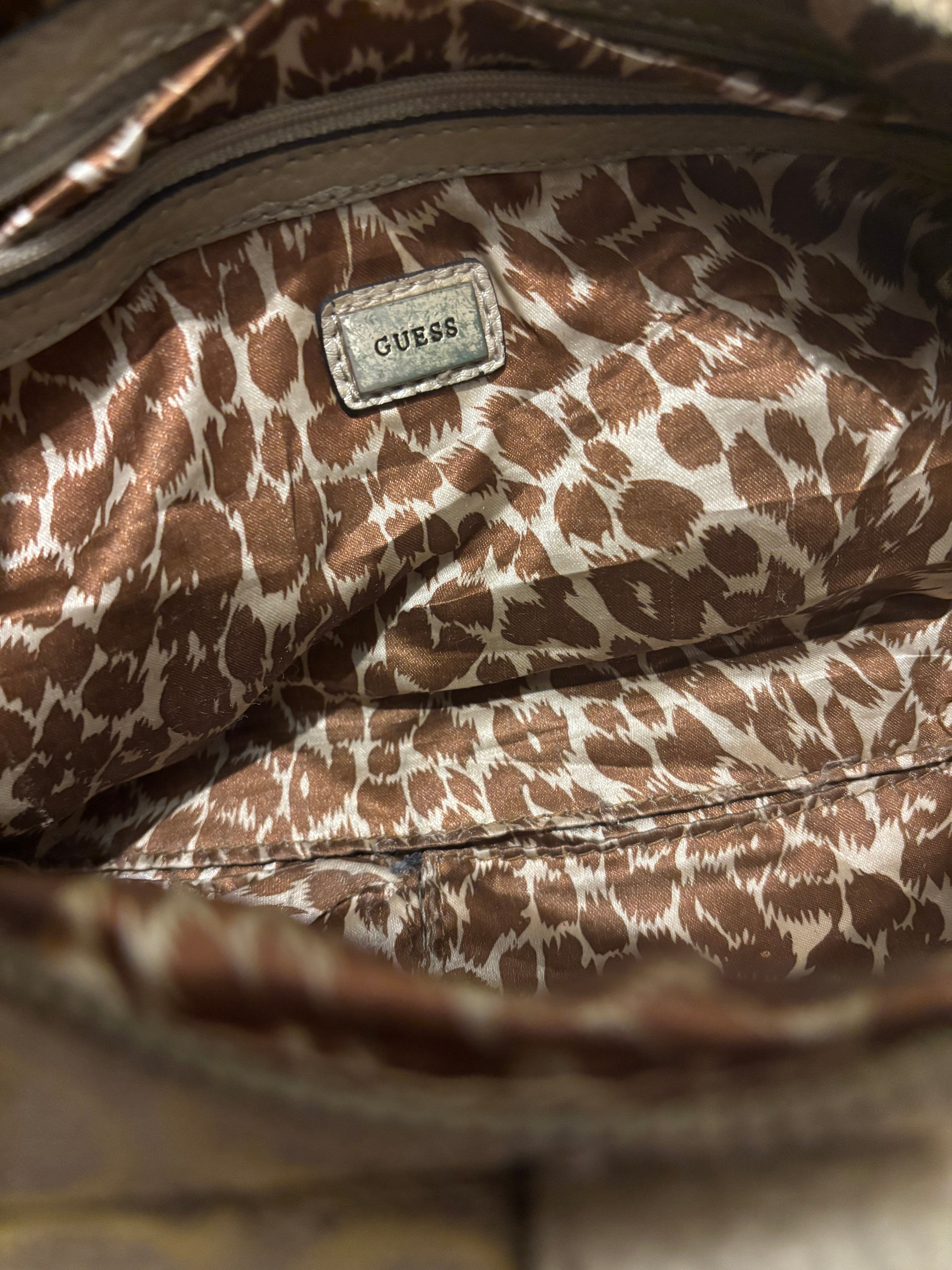 Guess Brown Khaki Signature Snake Print Monogram Baguette Shoulder Bag