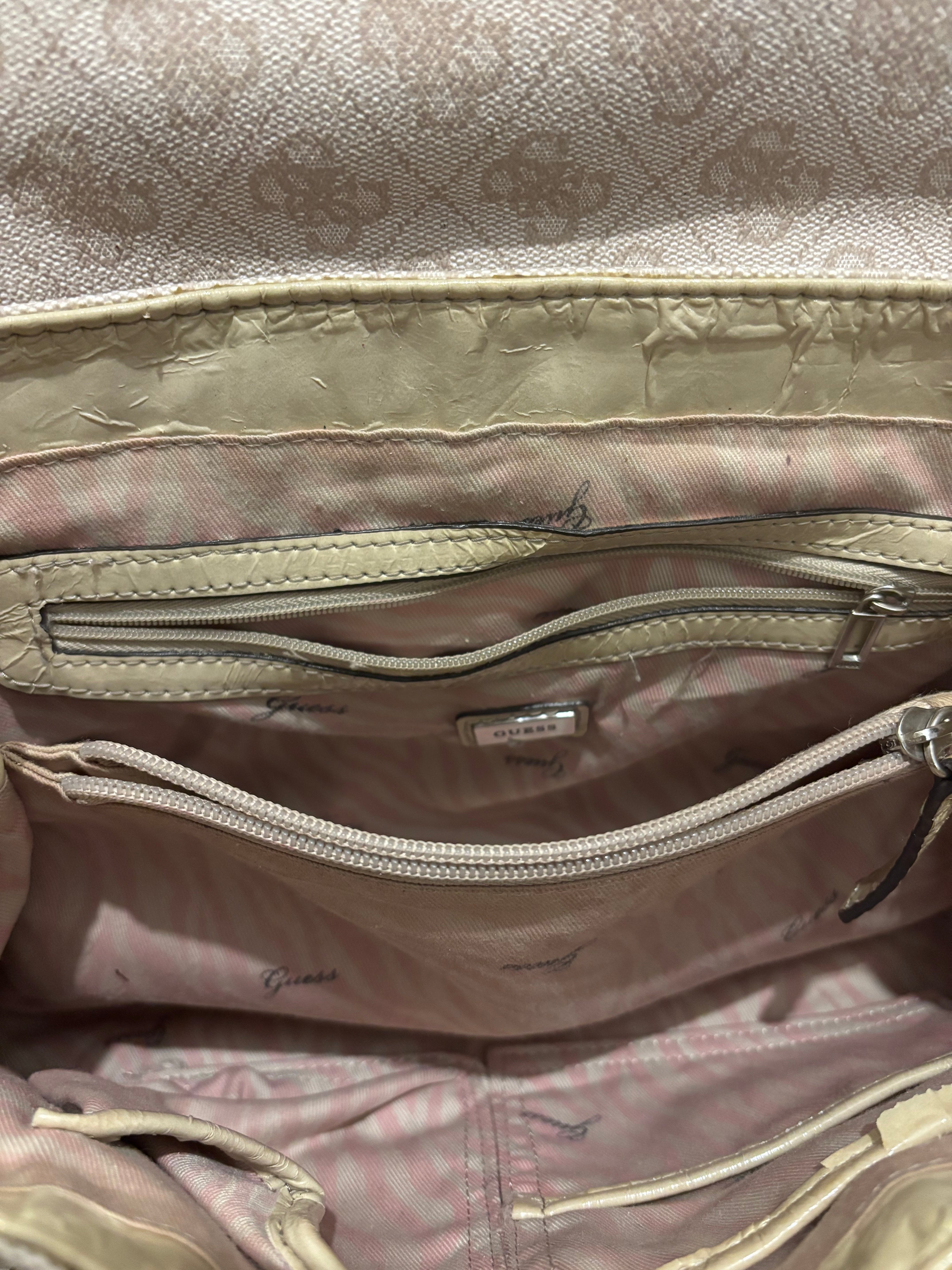 Guess Vintage Beige Leather PVC Signature Monogram Shoulder Bag