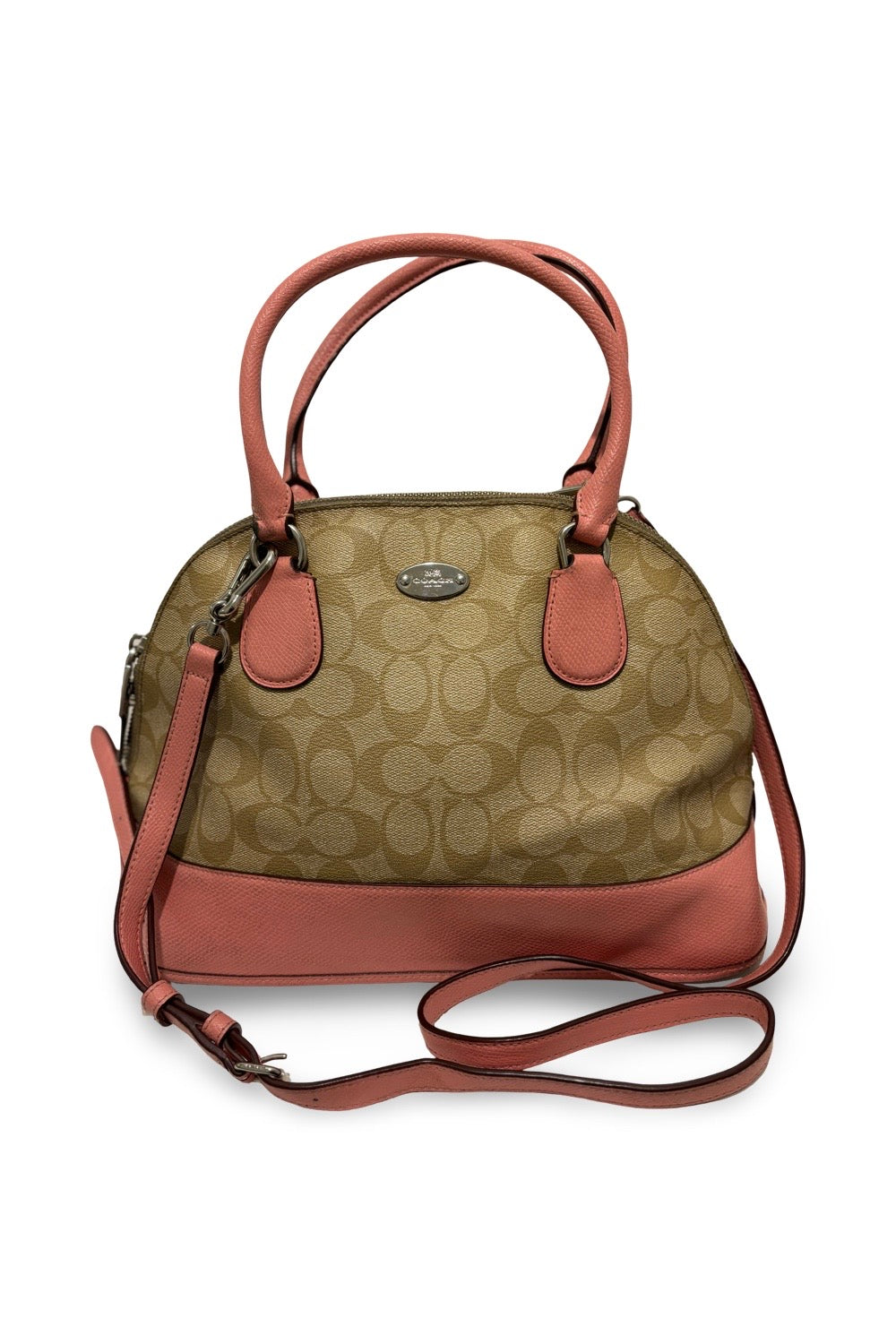 Coach Peyton Brown & Pink Coated Canvas Leather Signature Cora Shoulder Bag