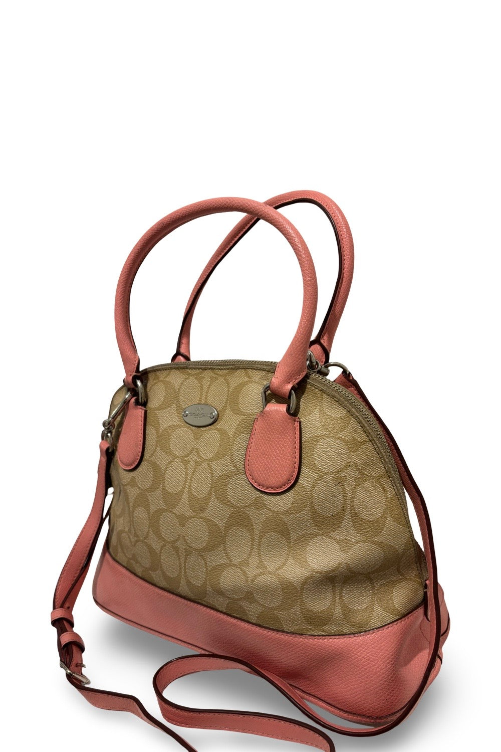 Coach Peyton Brown & Pink Coated Canvas Leather Signature Cora Shoulder Bag