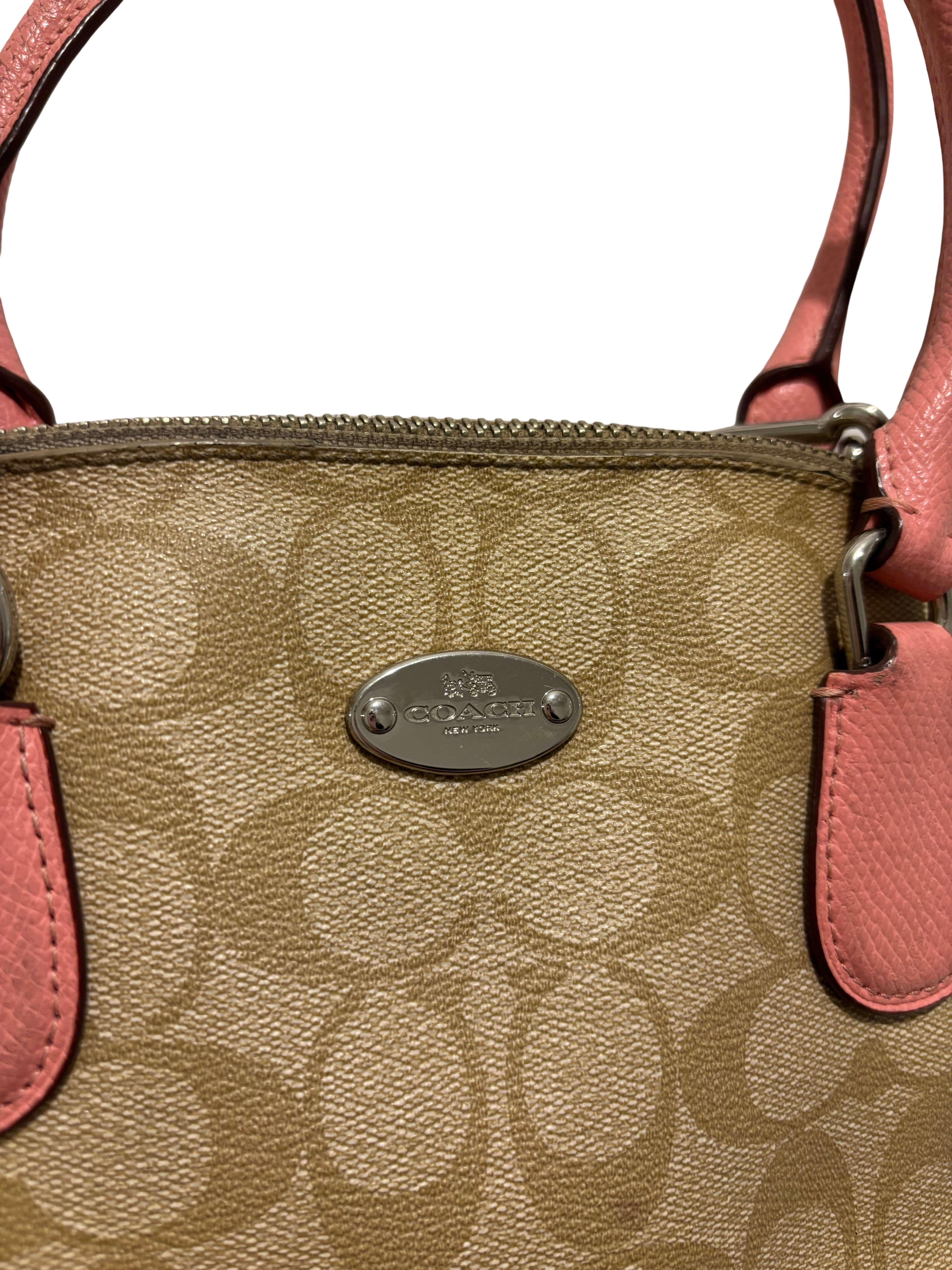 Coach Peyton Brown & Pink Coated Canvas Leather Signature Cora Shoulder Bag