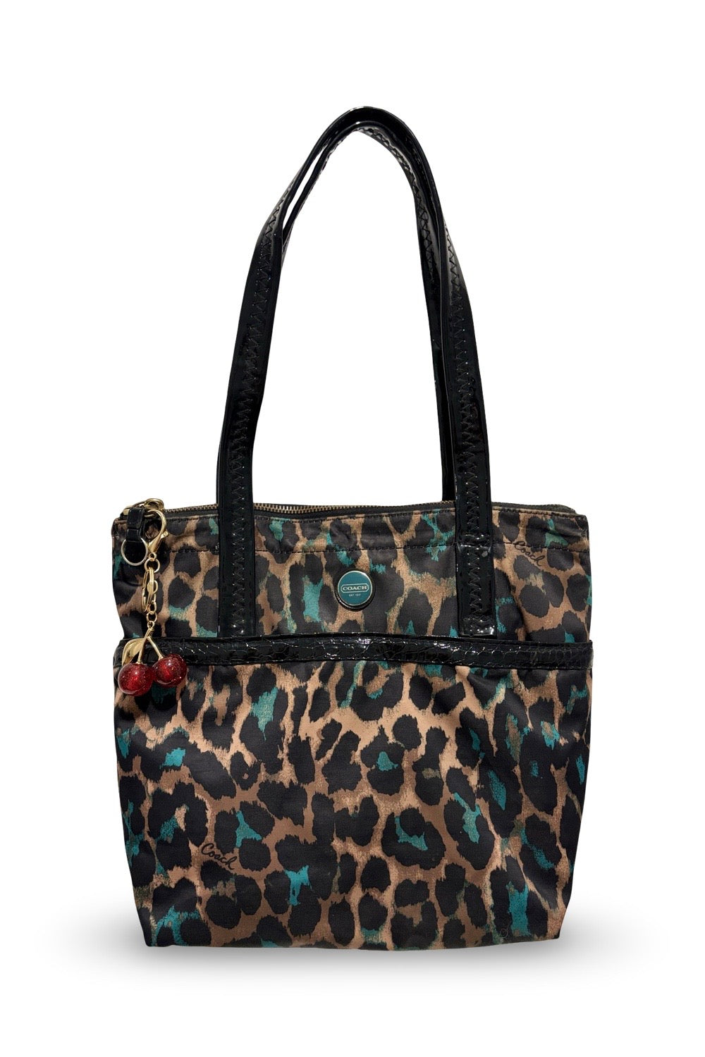 Coach Brown Leopard Ocelot Animal Print Sateen Black Patent Leather Tote Bag