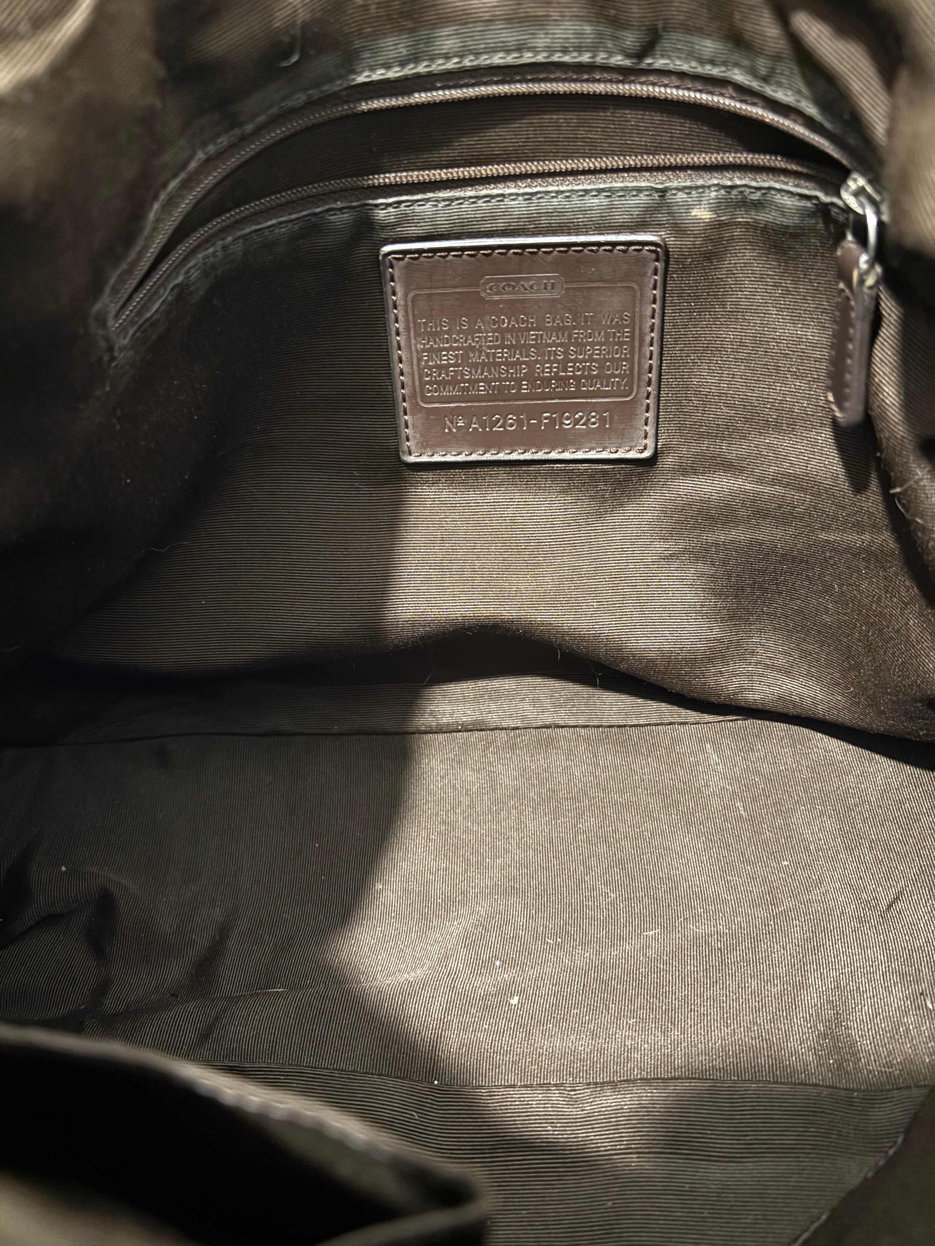 Coach Demi Signature Brown Khaki Canvas & Patent Leather Vintage Shoulder Bag