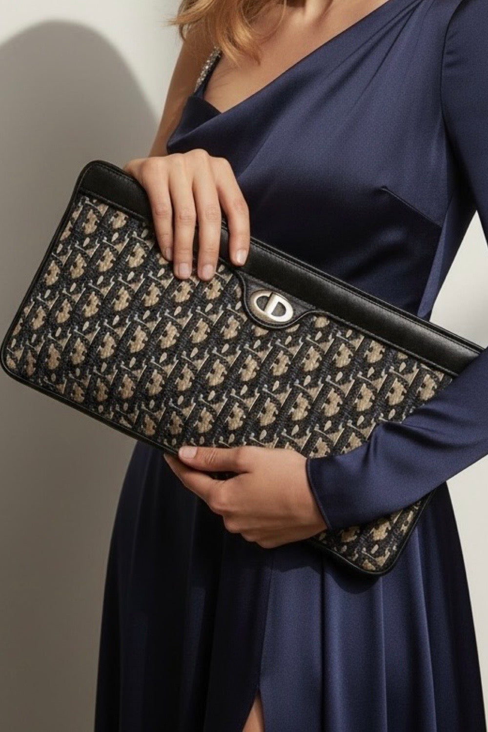 Christian Dior Vintage Large Navy Monogram Canvas & Leather 30 Montaigne Clutch Bag