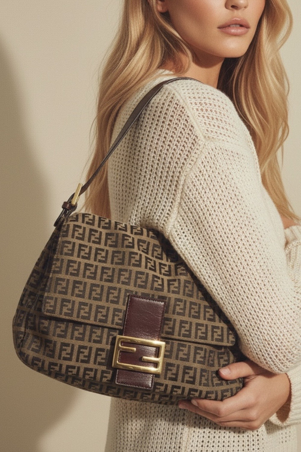 Fendi Zucchino Canvas Brown & Khaki Mamma Baguette Large Signature Shoulder Bag Vintage 2000's