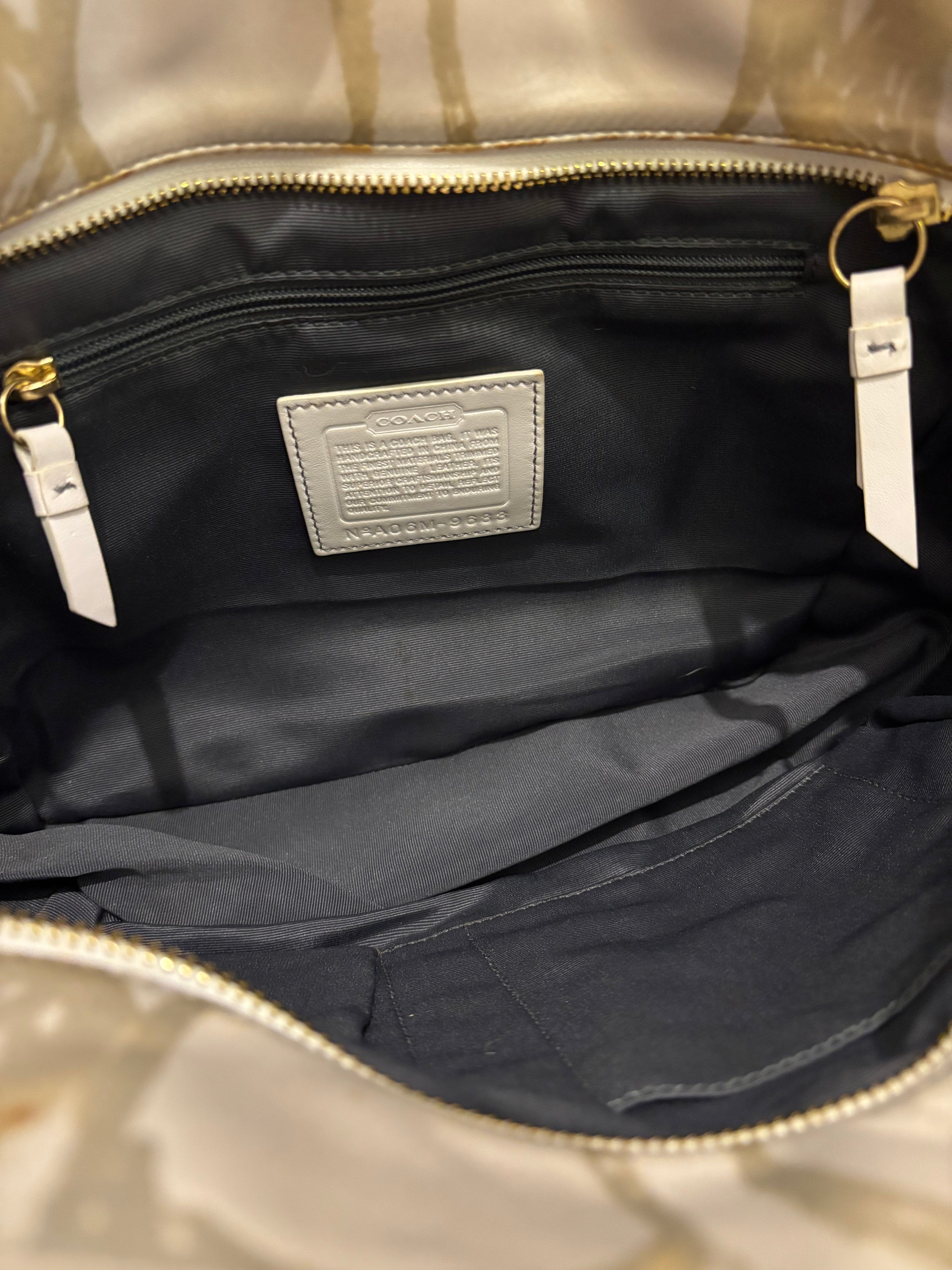 Coach Ivory / White & Beige Sateen & Leather  Signature Vintage Tote Shoulder Bag