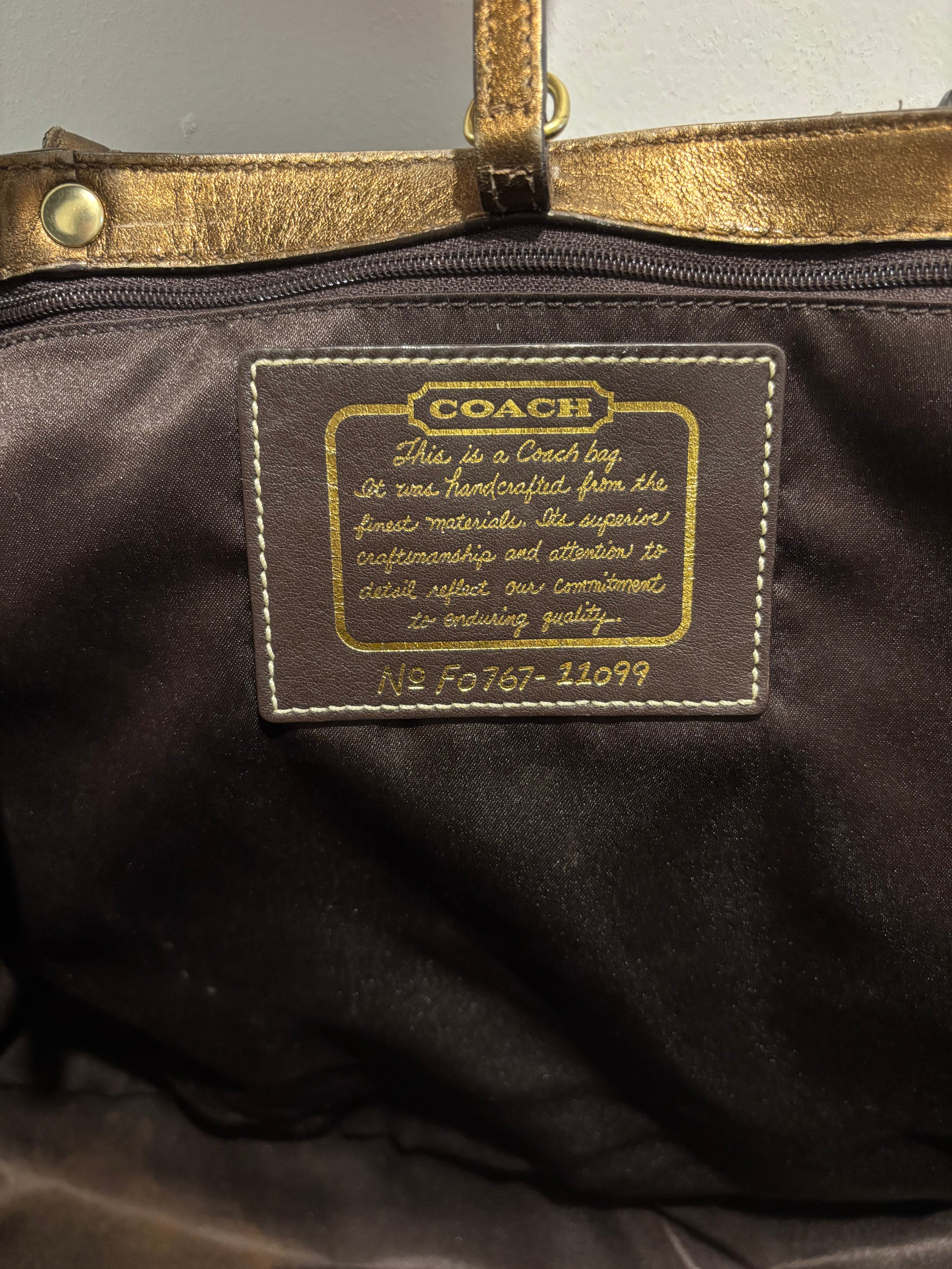 Coach Brown Signature Stripe Canvas & Leather  Metallic Tote Shoulder Bag