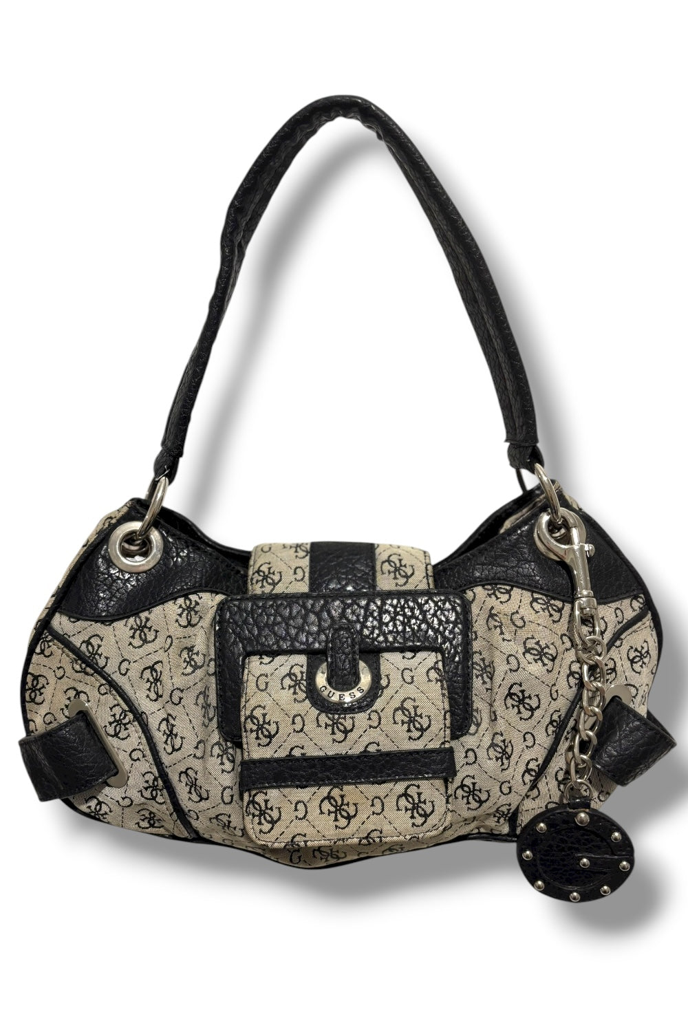Guess Grey & Black Signature Canvas & PVC Y2K Vintage Hobo Shoulder Bag