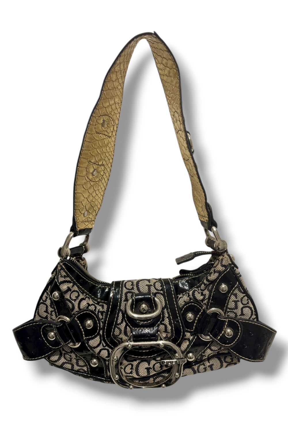 Guess Rare 2000's Signature Black & Grey Studded Canvas Leather PVC shoulder Bag