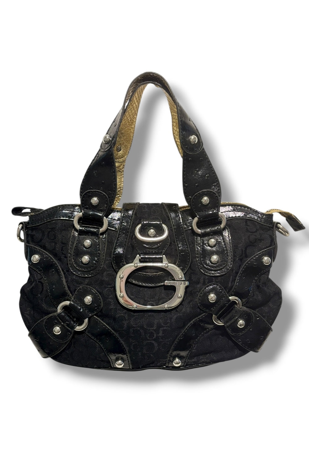 Guess Rare Vintage Black Signature Canvas & Patent Leather PVC Y2K Shoulder Ba