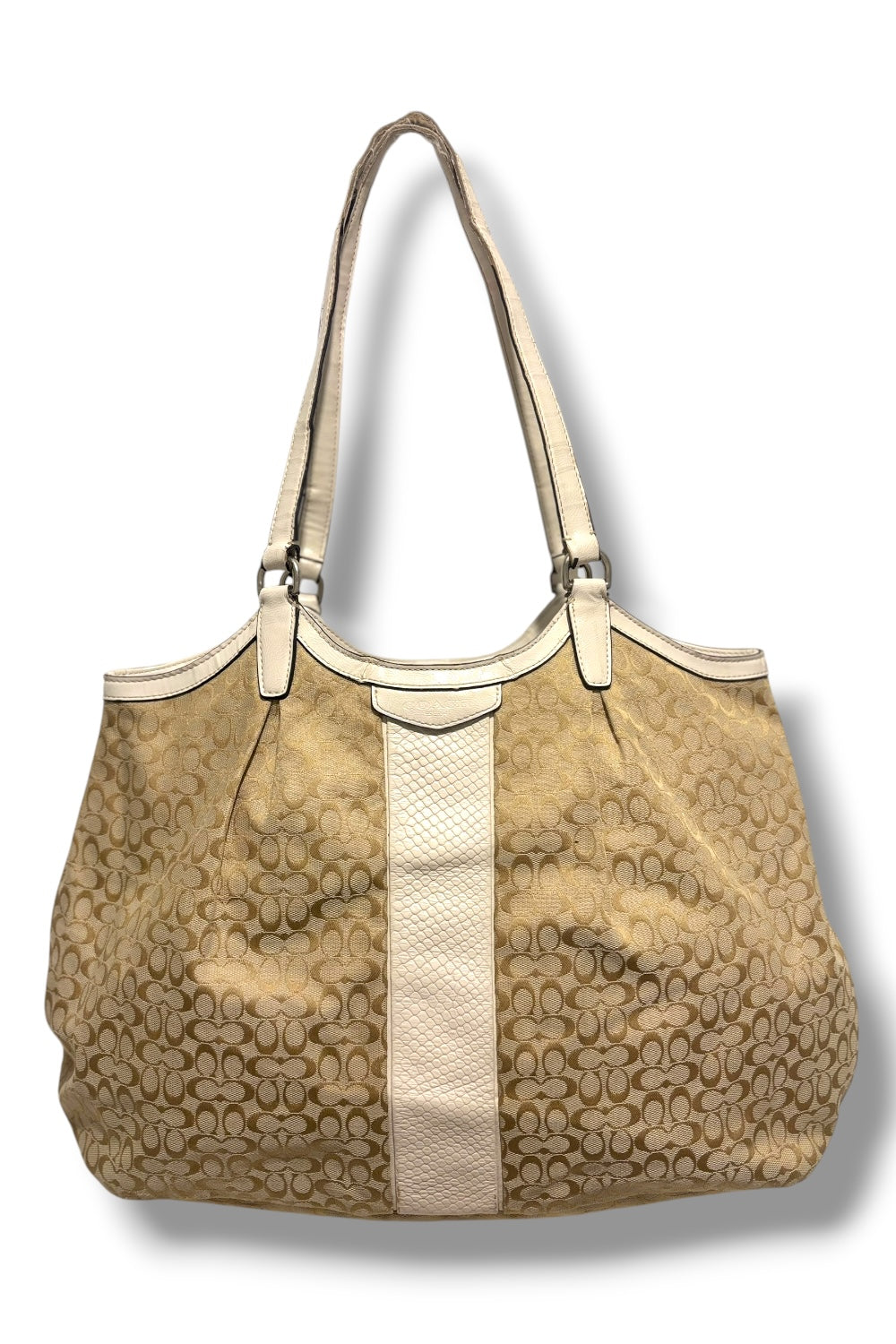 Coach Brown / Beige Signature White Patent Leather Croc Tote Shoulder Bag