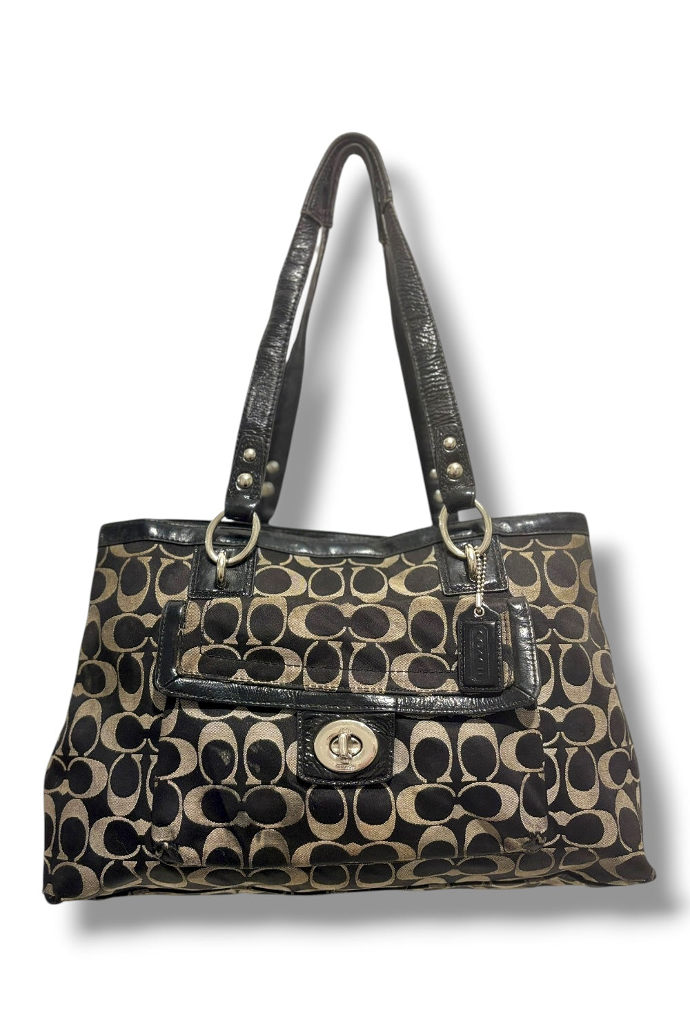 Coach Black & Grey Signature Penelope Canvas Leather Patent Shoulder Bag