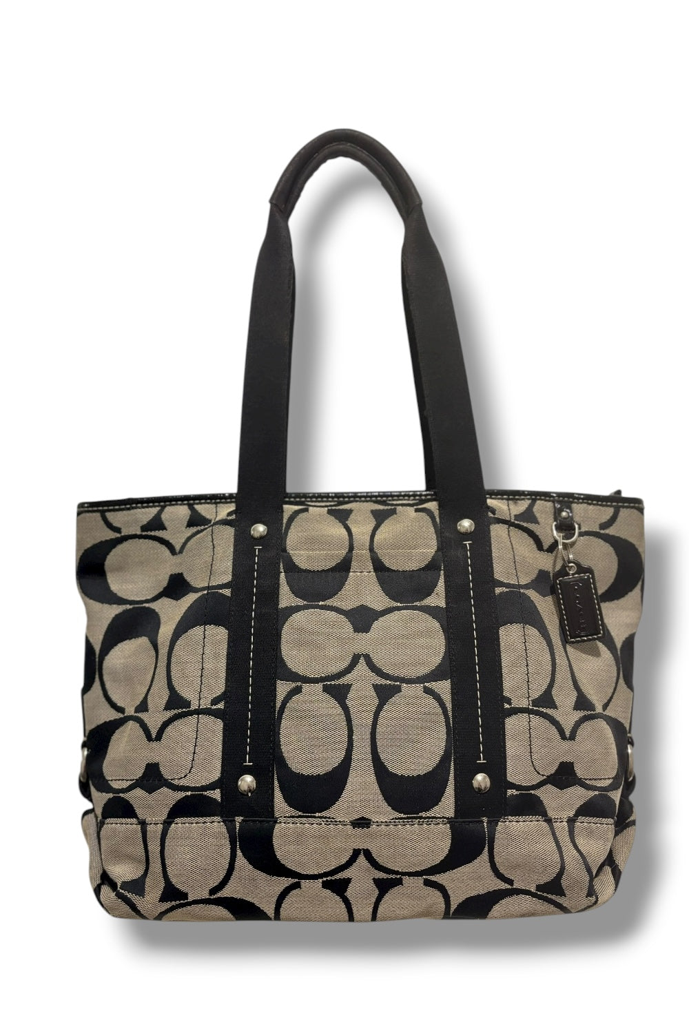 Coach Leah Black & Grey Signature Canvas Patent Leather Y2K Tote Shoulder Bag