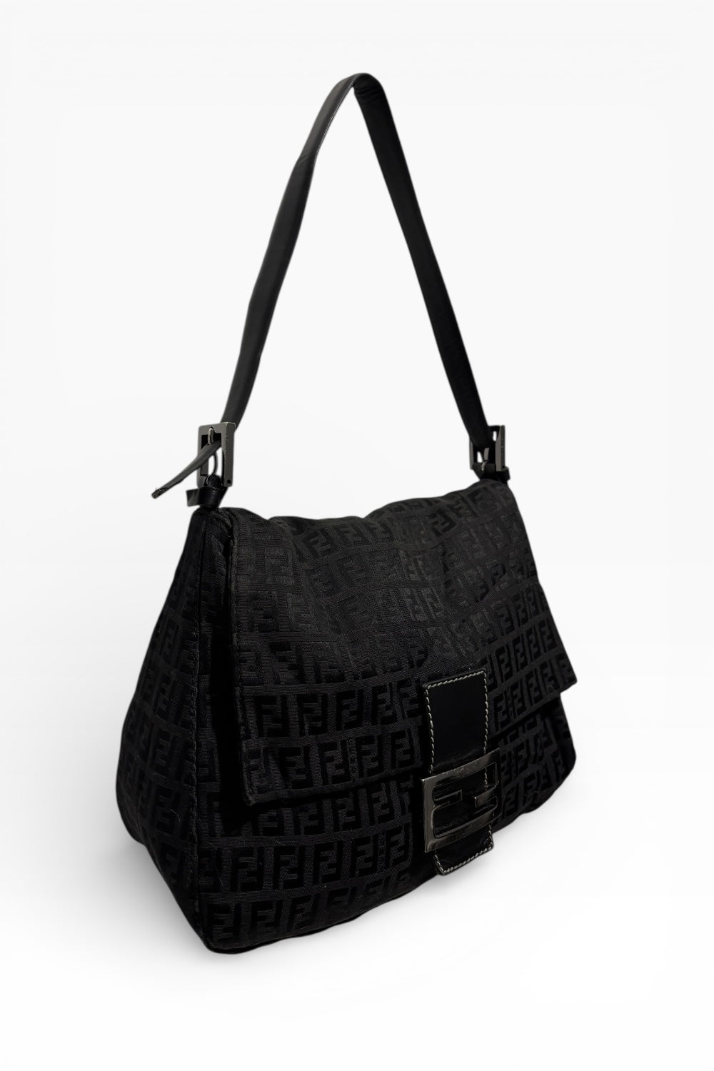 Fendi Black Zucca Mamma Baguette Canvas & Leather Vintage Shoulder Bag