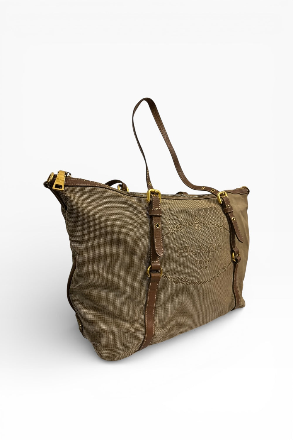 Prada Khaki / Beige / Brown Canvas & Leather Canapa Tote Shoulder Bag