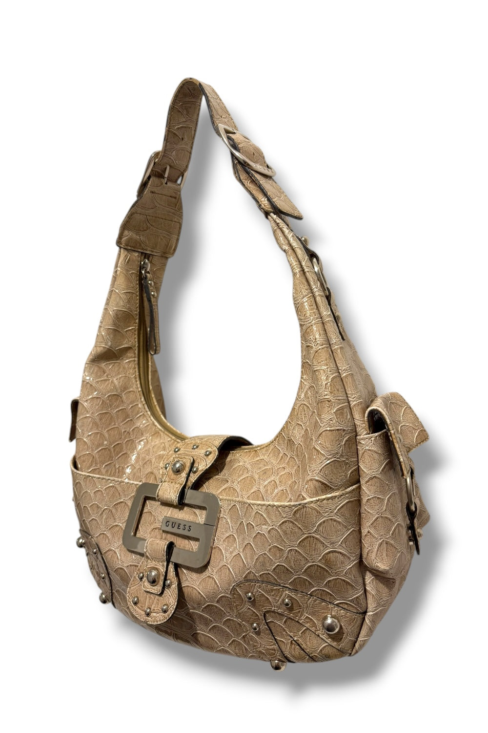 Guess Vintage 2000's Beige Croc Patent Leather / PVC Hobo Shoulder Bag Y2K