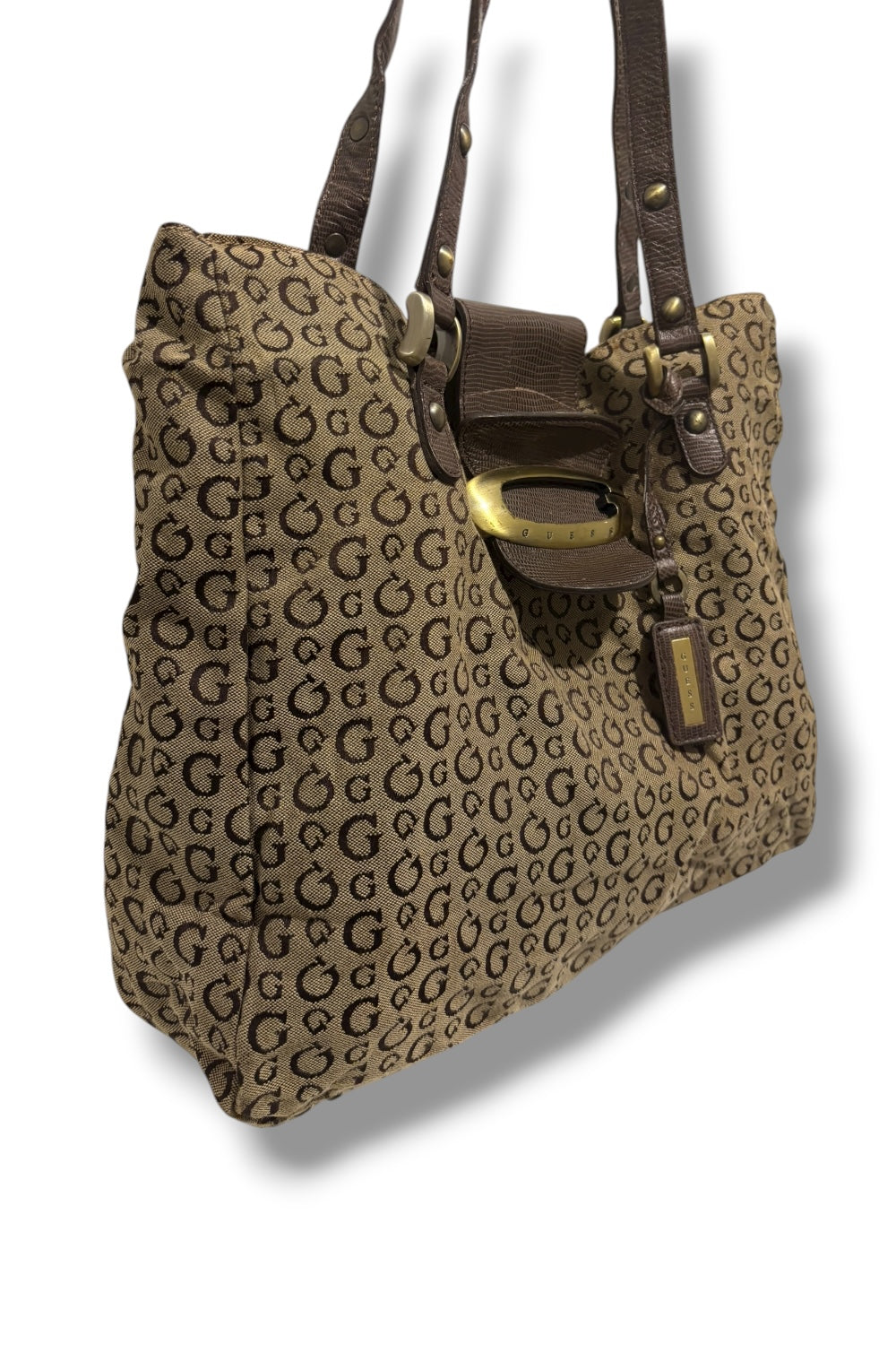 Guess Brown Signature Canvas & Leather Croc Embossed PVC Shoulder Bag