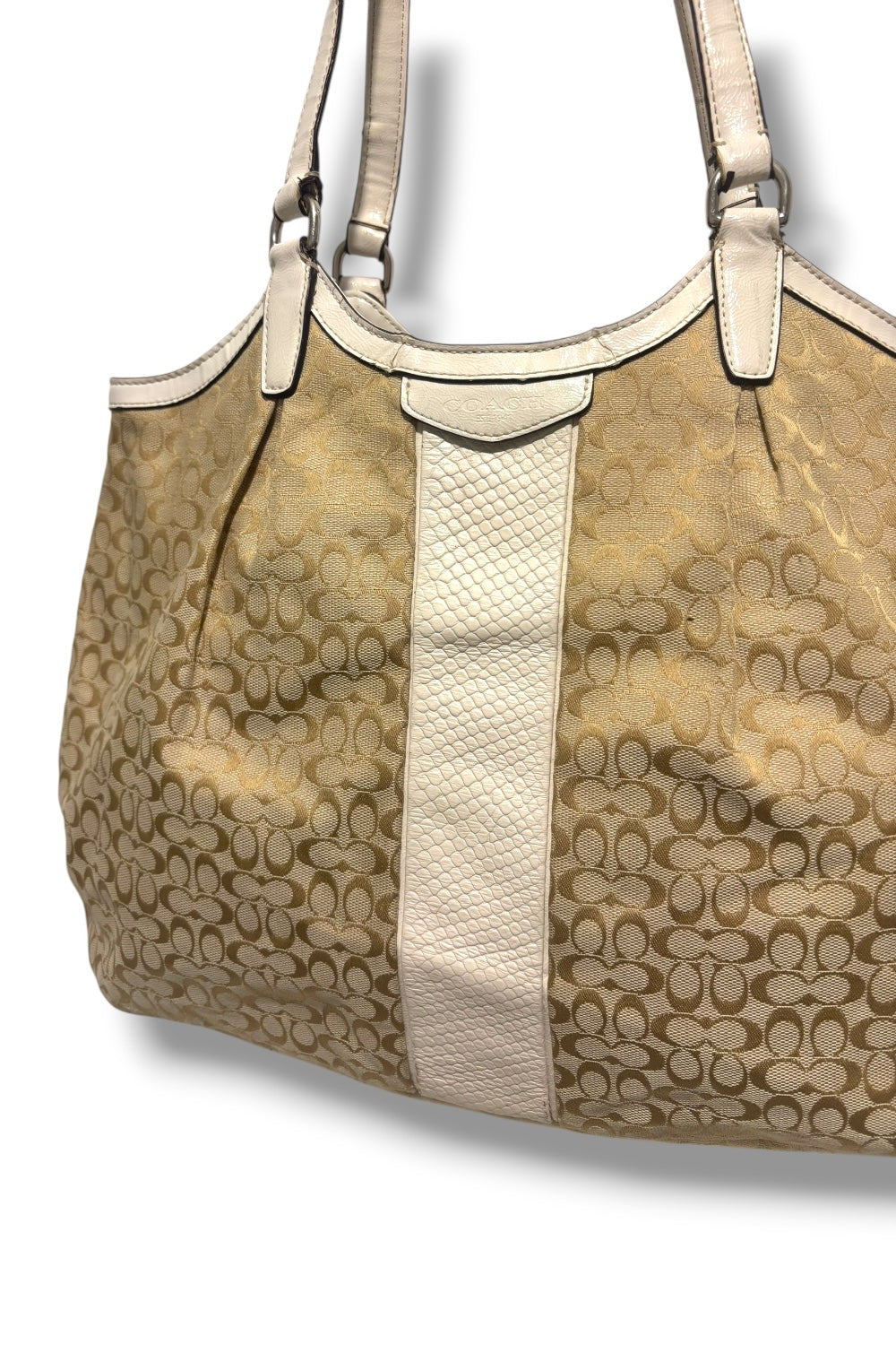 Coach Brown / Beige Signature White Patent Leather Croc Tote Shoulder Bag