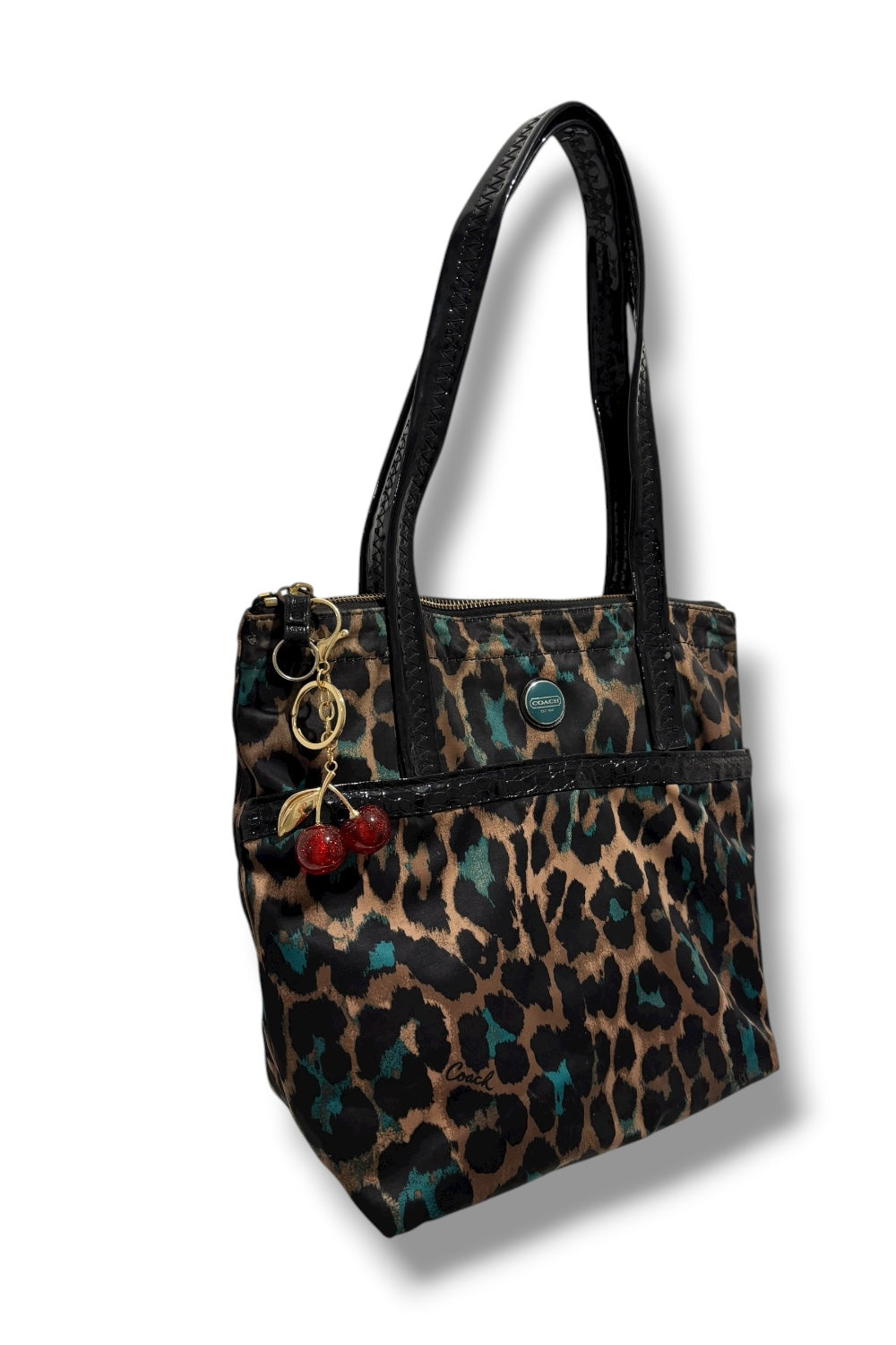 Coach Brown Leopard Ocelot Animal Print Sateen Black Patent Leather Tote Bag