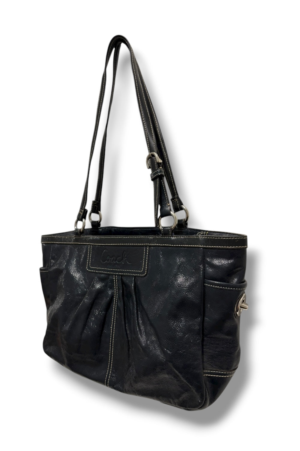 Coach Dark Navy Midnight Legacy Pleated Gallery Patent Leather Tote Shoulder Bag