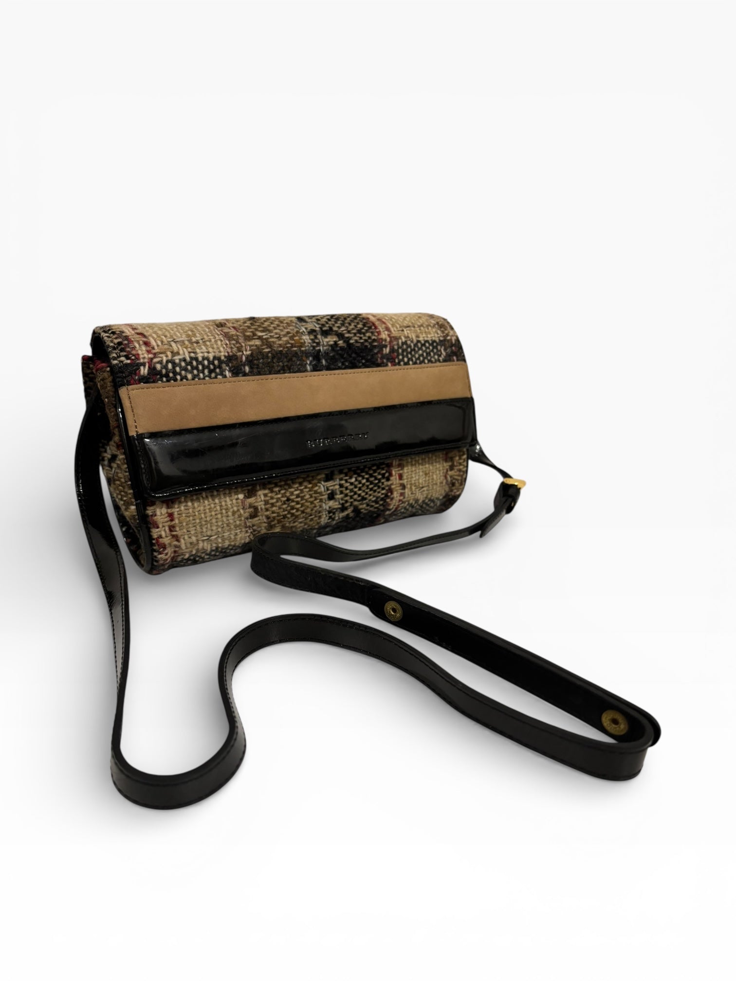 Burberry Wool Minaudière Checkered Black & Brown Leather Trim Tweed Nova Crossbody / Shoulder Bag
