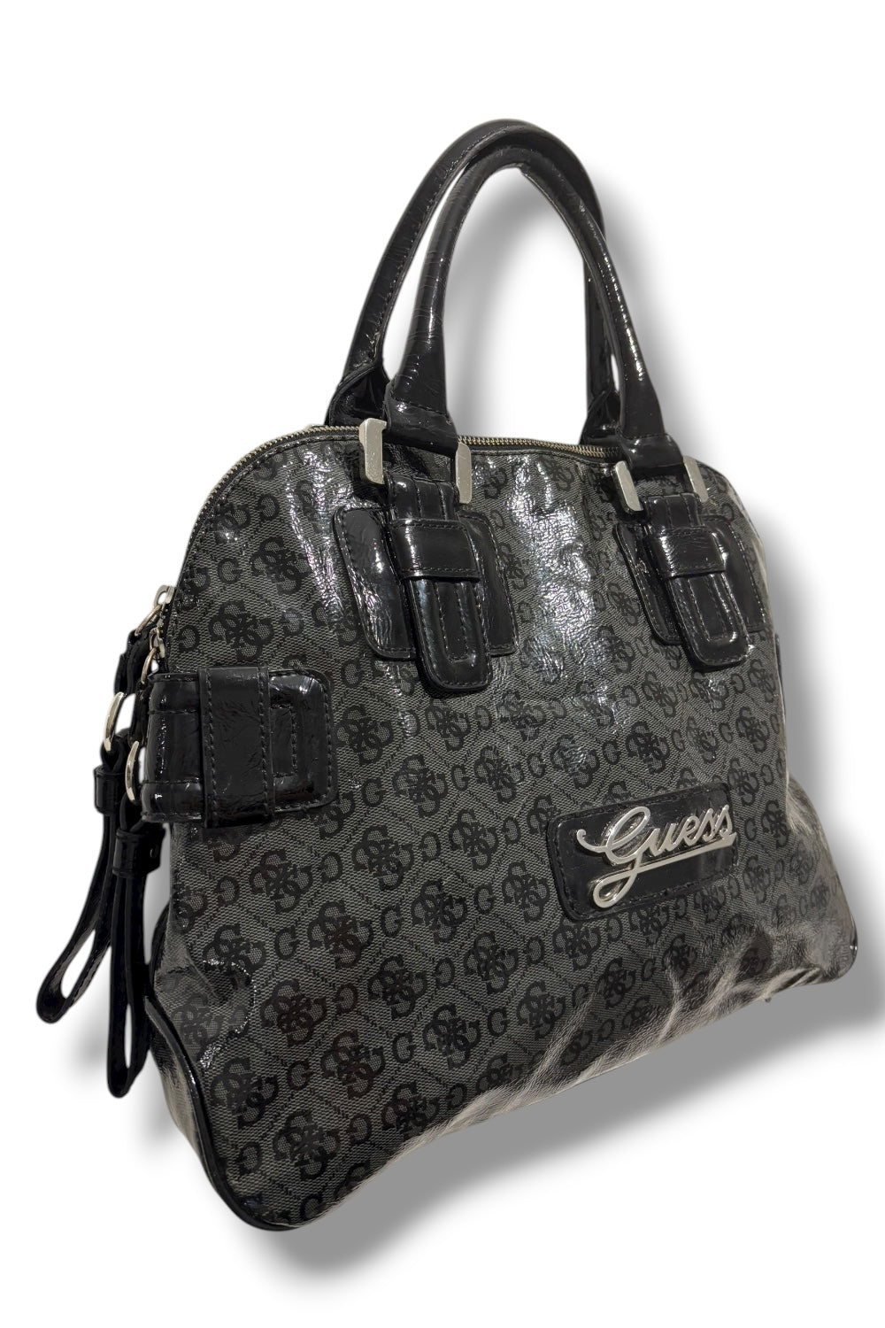 Guess Vintage Black & Grey Patent Leather 2000's PVC Tote Monogram Shoulder Bag