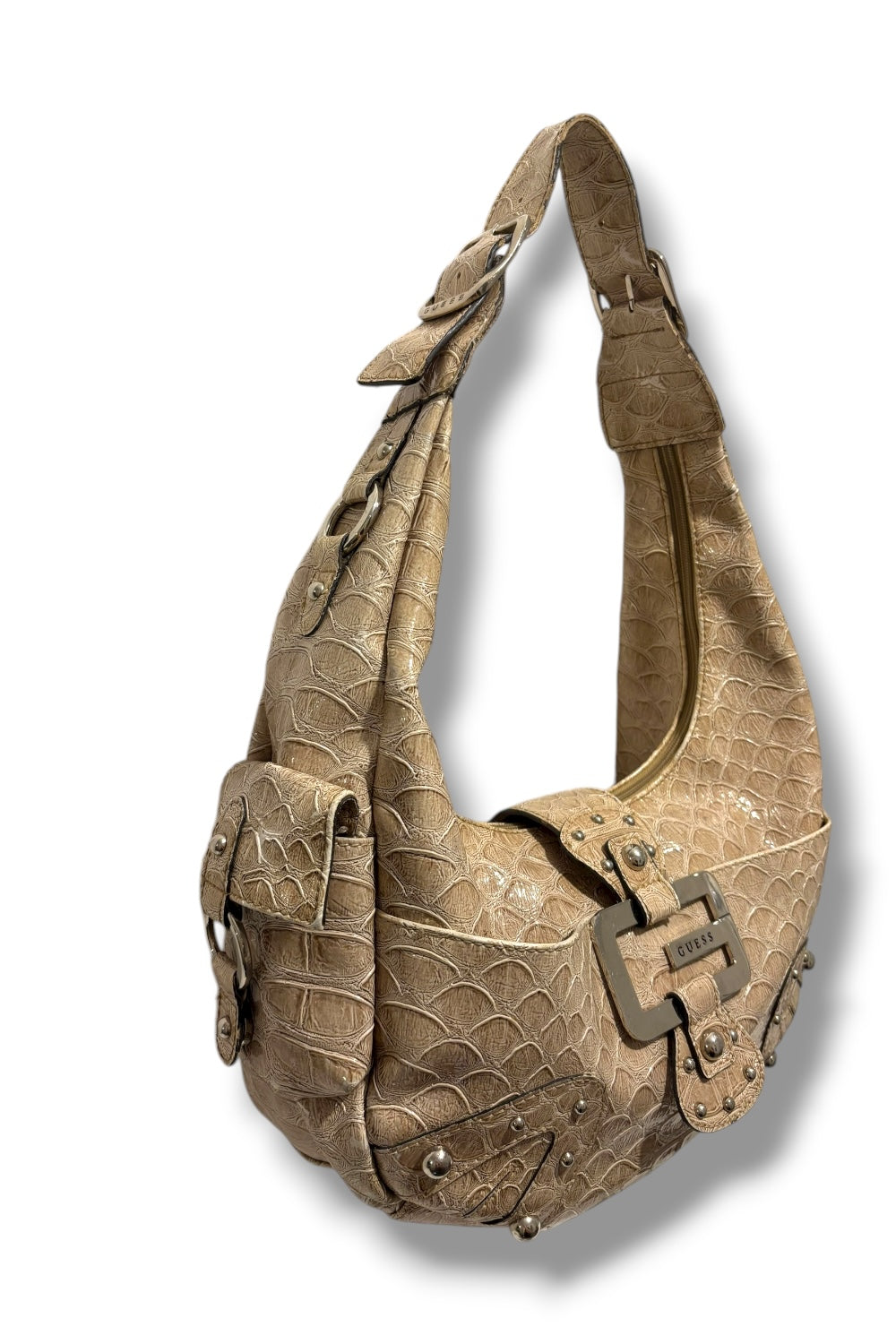 Guess Vintage 2000's Beige Croc Patent Leather / PVC Hobo Shoulder Bag Y2K