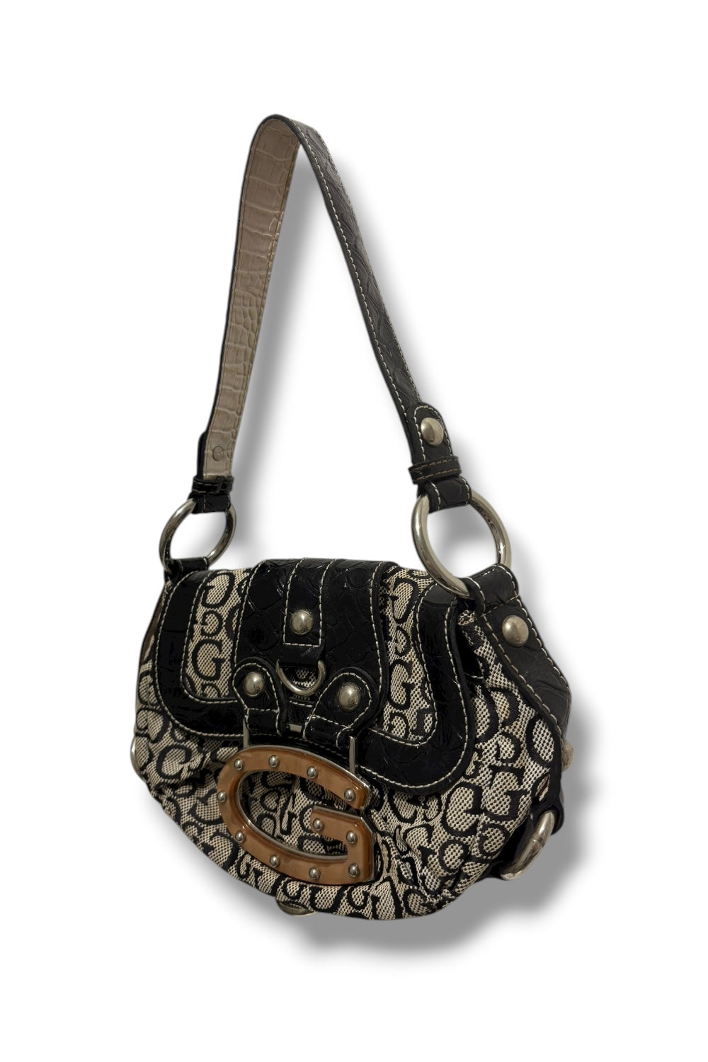 Guess Authentic Black & Grey Monogram Canvas & Croc Leather PVC Shoulder Bag