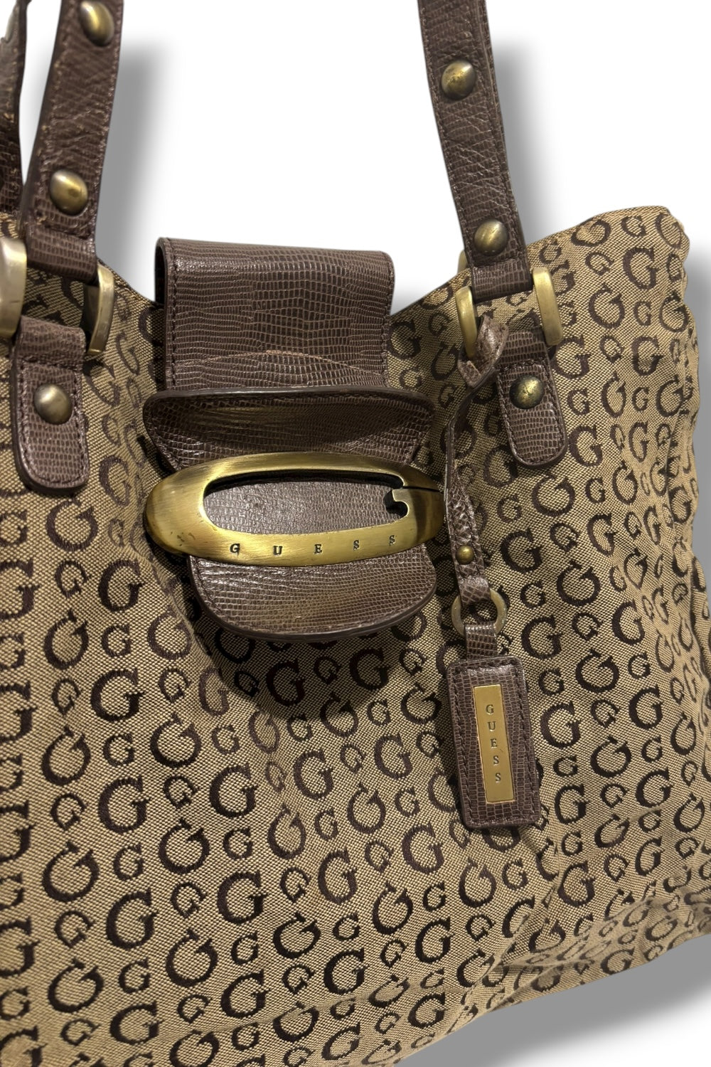 Guess Brown Signature Canvas & Leather Croc Embossed PVC Shoulder Bag