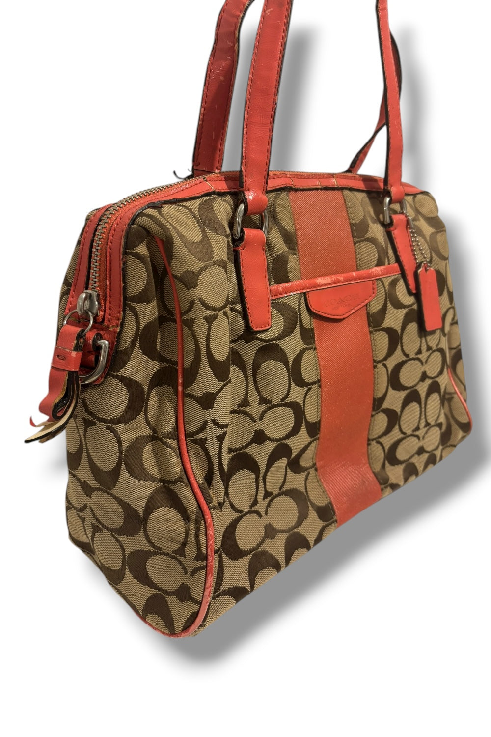 Coach Nancy Signature Stripe Brown / Orange Canvas & Leather Shoulder Bag