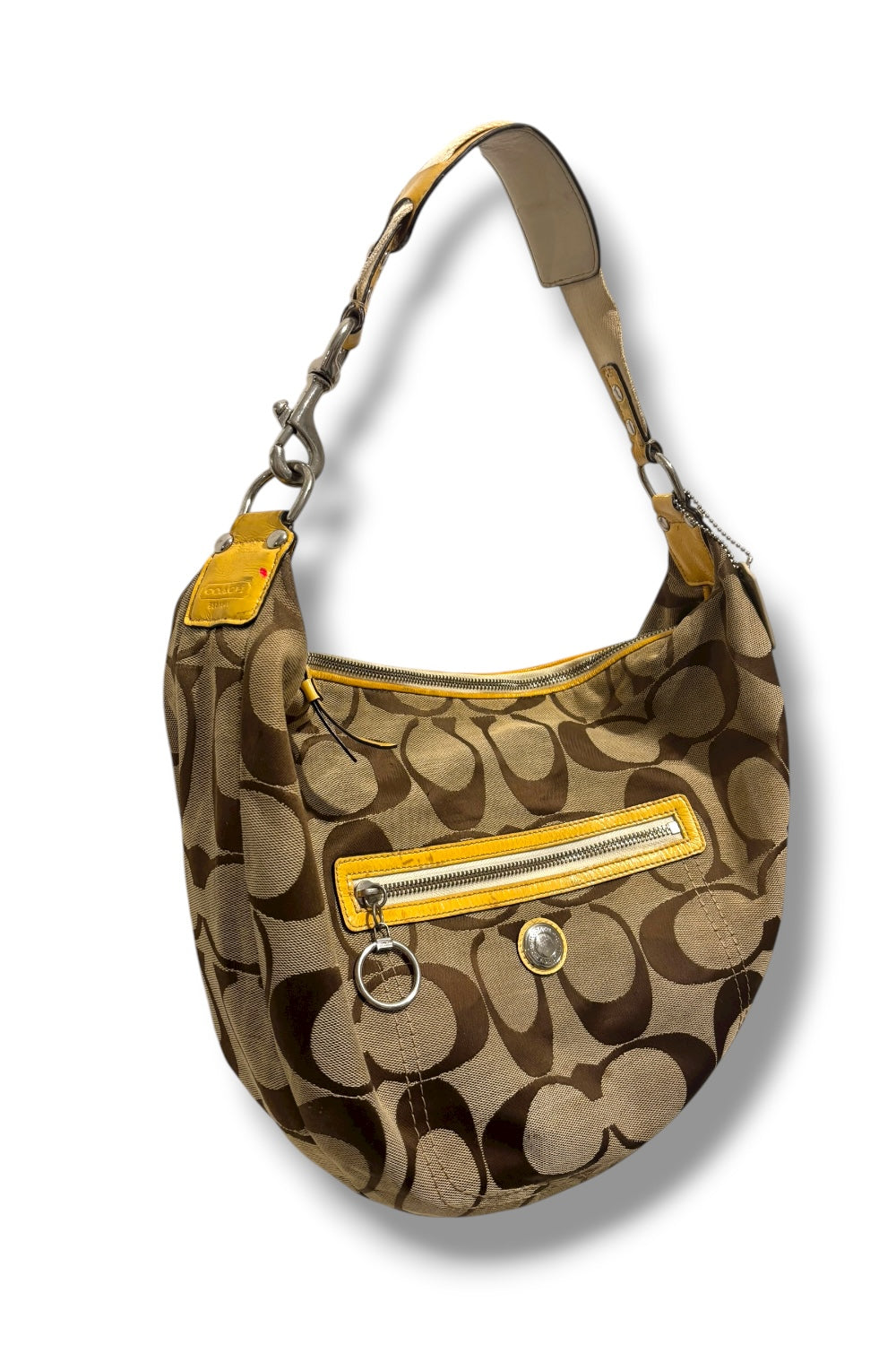 Coach Signature Brown & Yellow Canvas / Patent Leather Hobo Shoulder Bag 2000's