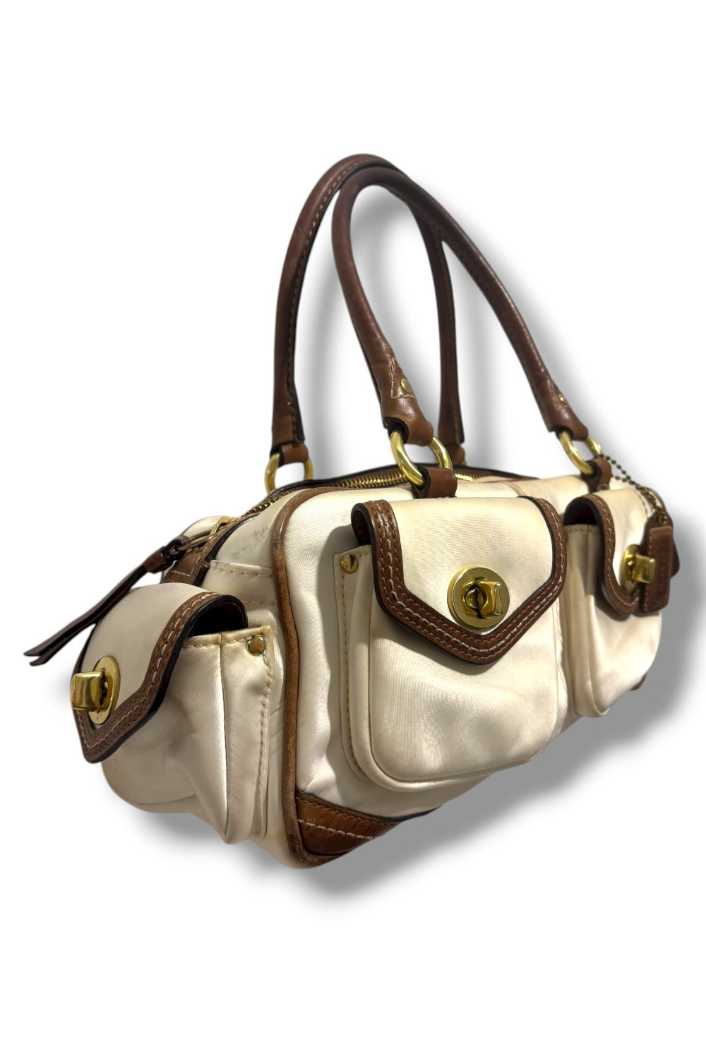 Coach Brown Ivory Silk Sateen Leather Ashley Legacy Shoulder Bag