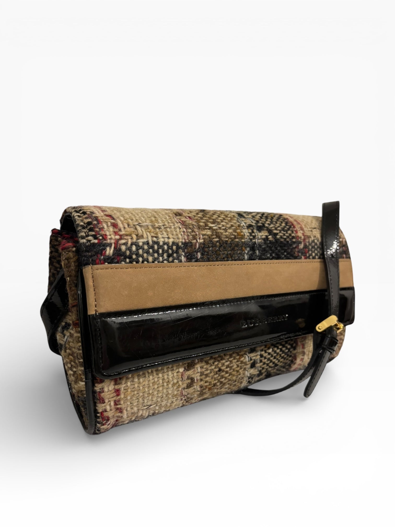 Burberry Wool Minaudière Checkered Black & Brown Leather Trim Tweed Nova Crossbody / Shoulder Bag