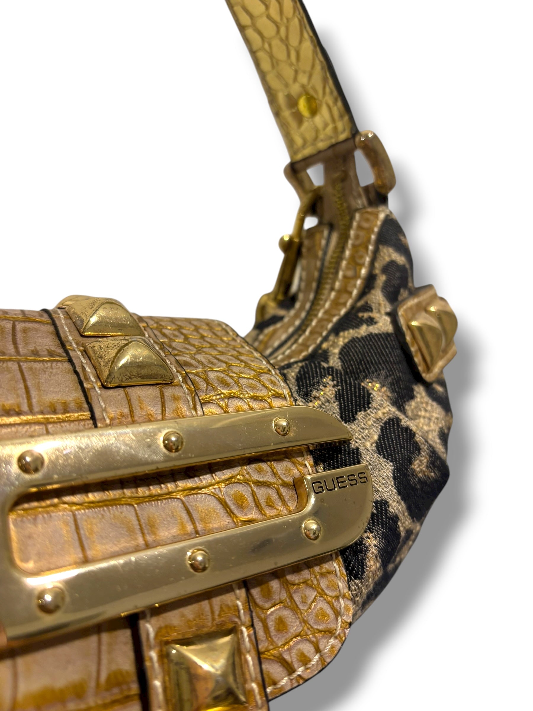 Guess Vintage Brown Gold Leopard Print Studded Baguette Canvas Shoulder Bag