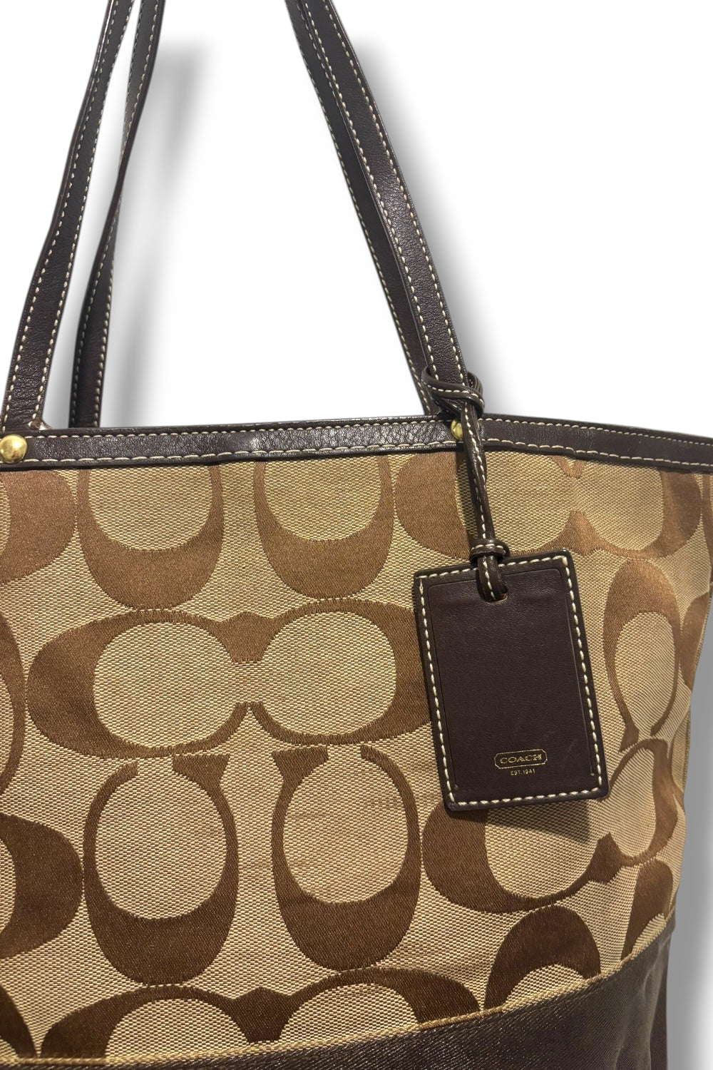 Coach Brown Khaki Signature Stripe Vintage Canvas & Leather Tote Shoulder Bag