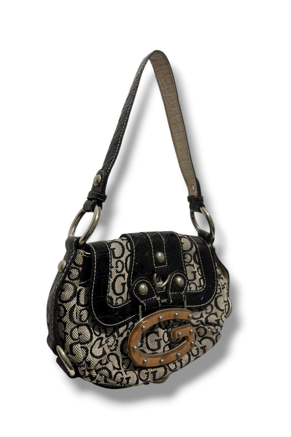 Guess Authentic Black & Grey Monogram Canvas & Croc Leather PVC Shoulder Bag