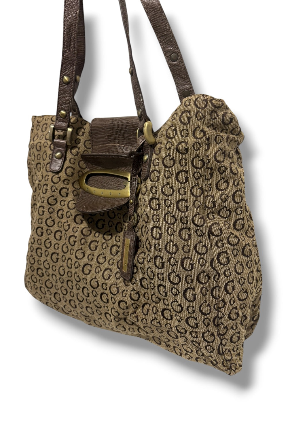 Guess Brown Signature Canvas & Leather Croc Embossed PVC Shoulder Bag