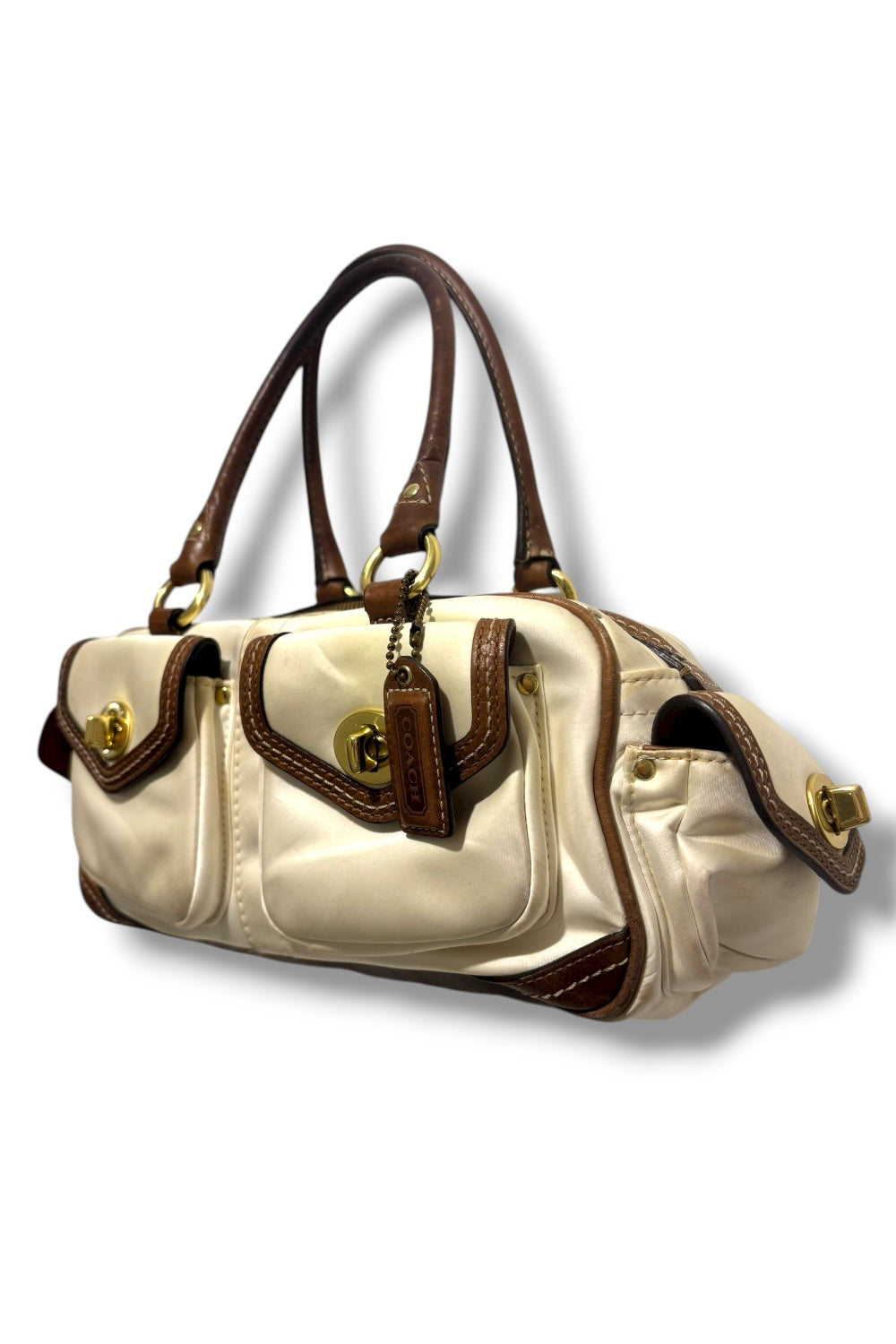 Coach Brown Ivory Silk Sateen Leather Ashley Legacy Shoulder Bag