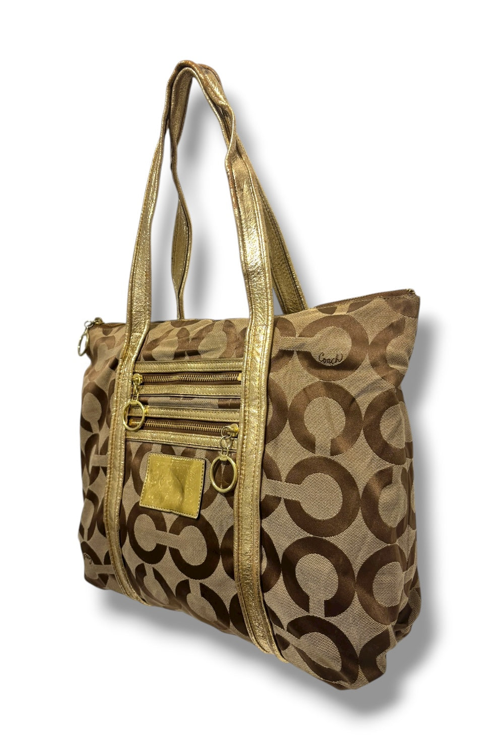 Coach Brown Khaki Signature Canvas Poppy Gold Metallic Leather Y2K Vintage Tote