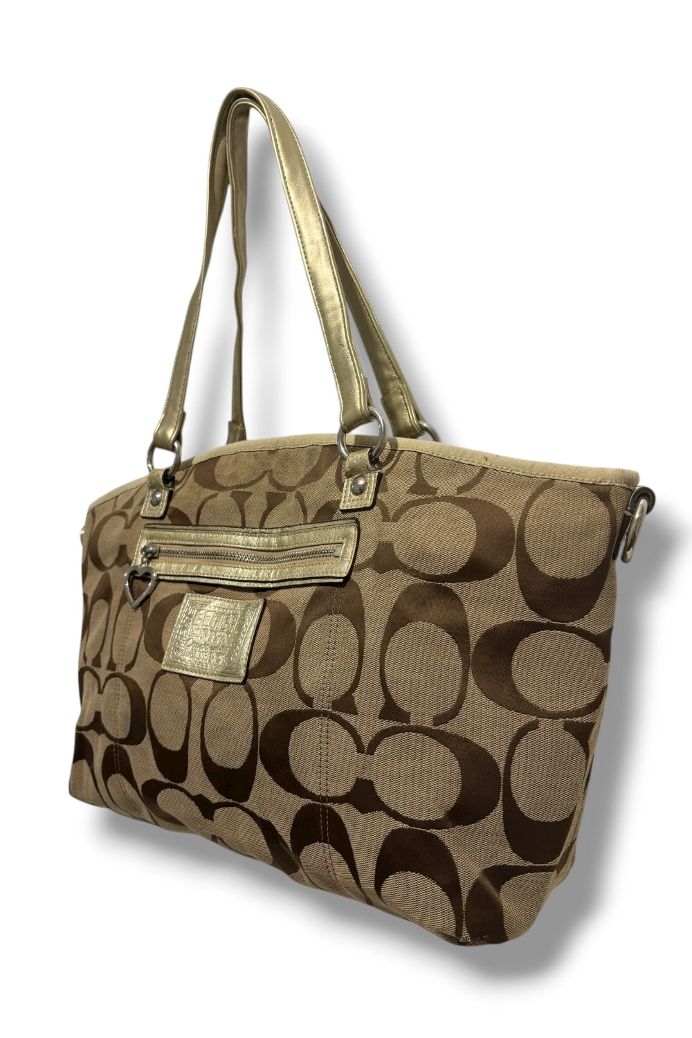 Coach 'Rowan' Brown Khaki Signature Canvas & Gold Leather XXL Poppy Vintage Tote