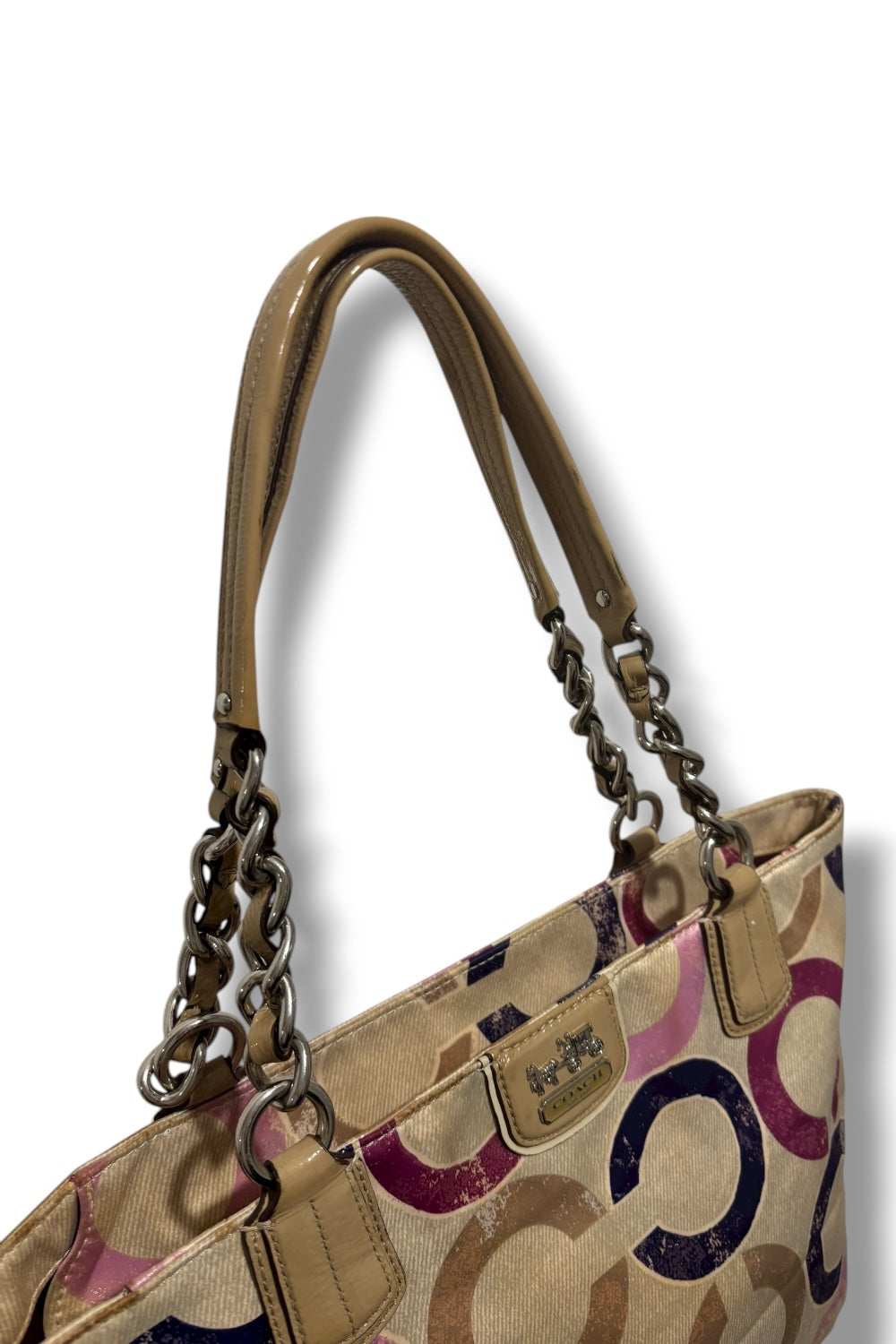 Coach Multicolour Pink Optic Signature Sateen & Patent Leather Tote Shoulder Bag