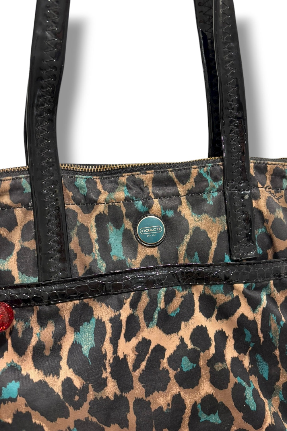 Coach Brown Leopard Ocelot Animal Print Sateen Black Patent Leather Tote Bag