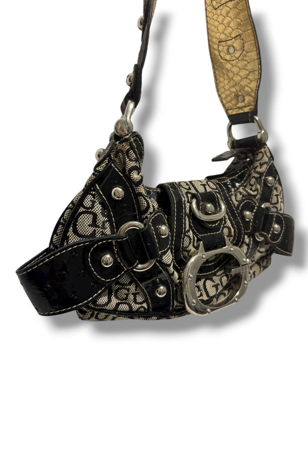 Guess Rare 2000's Signature Black & Grey Studded Canvas Leather PVC shoulder Bag