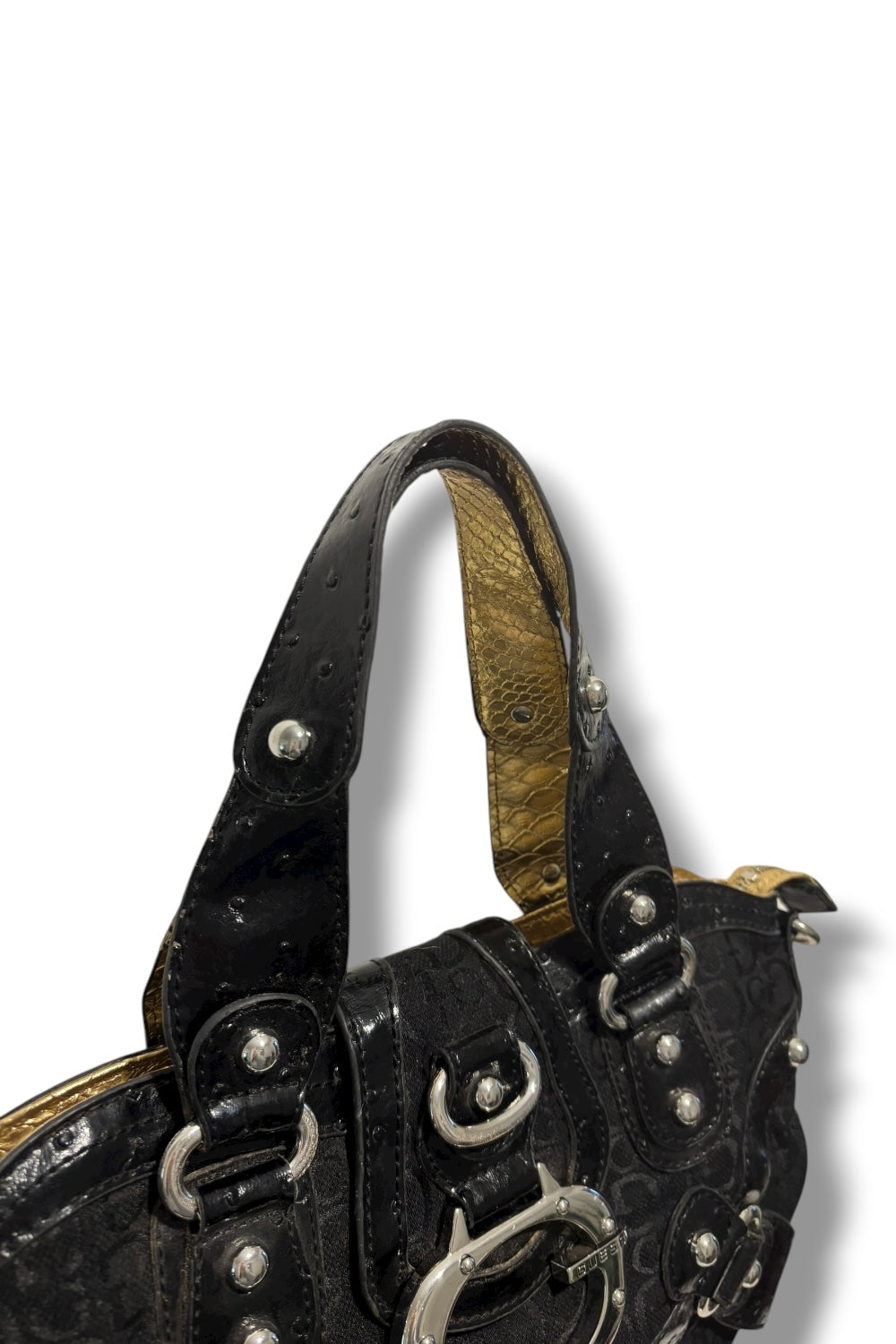 Guess Rare Vintage Black Signature Canvas & Patent Leather PVC Y2K Shoulder Ba