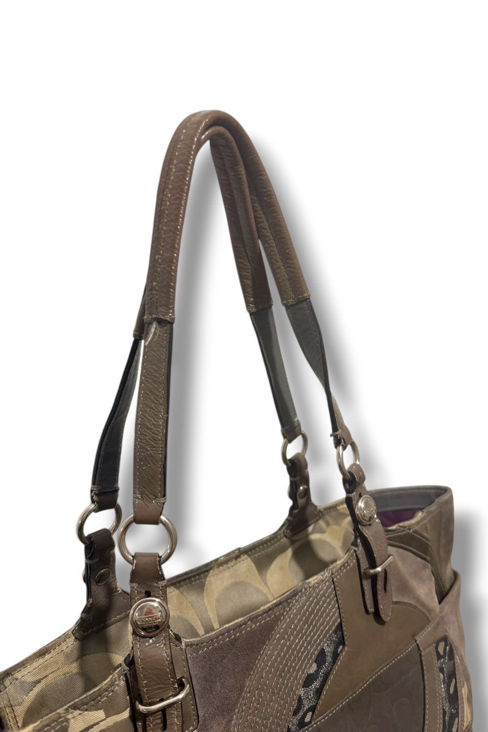 Coach Grey Patchwork Suede & Leather Leopard Print Sateen Tote Shoulder Bag