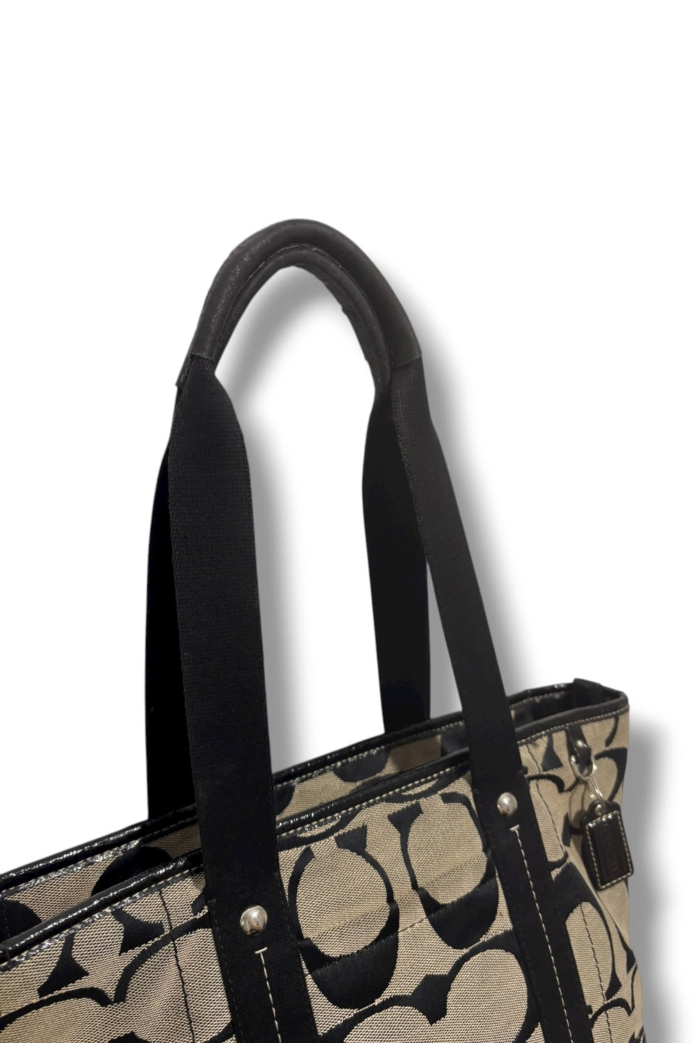 Coach Leah Black & Grey Signature Canvas Patent Leather Y2K Tote Shoulder Bag