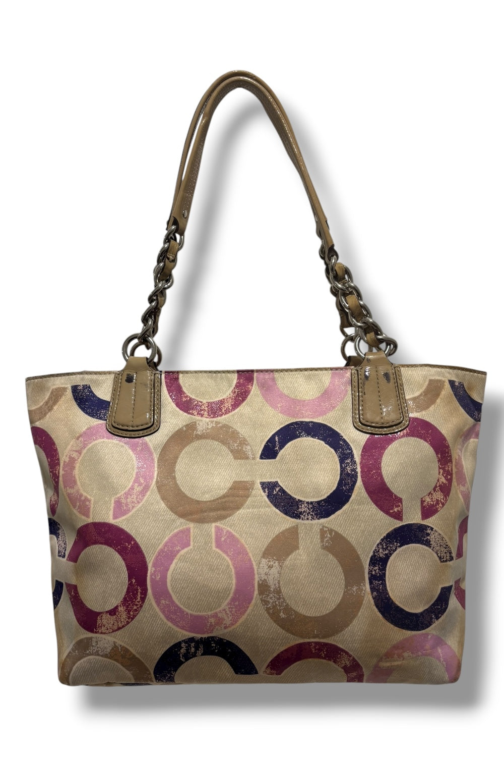 Coach Multicolour Pink Optic Signature Sateen & Patent Leather Tote Shoulder Bag