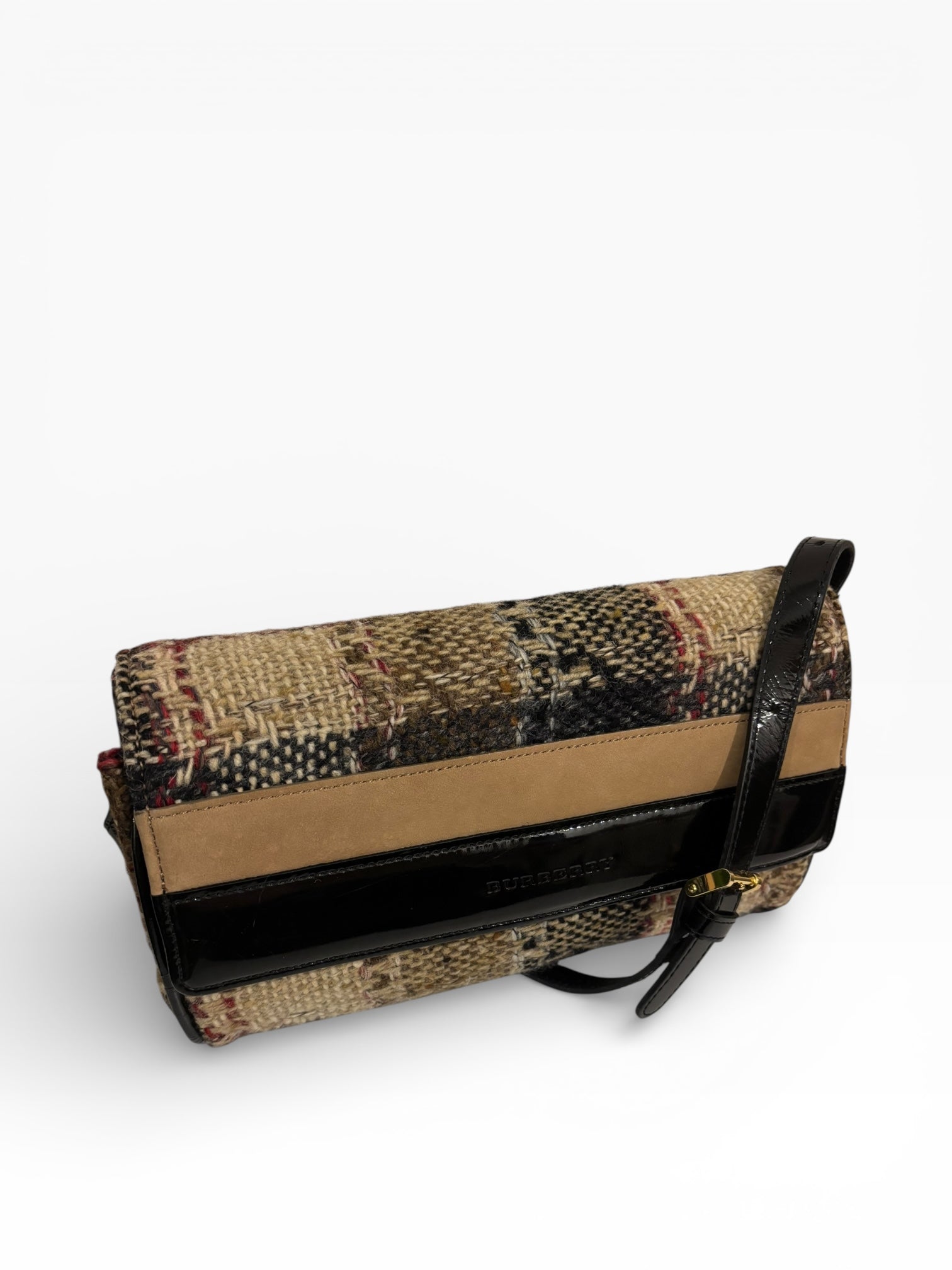 Burberry Wool Minaudière Checkered Black & Brown Leather Trim Tweed Nova Crossbody / Shoulder Bag
