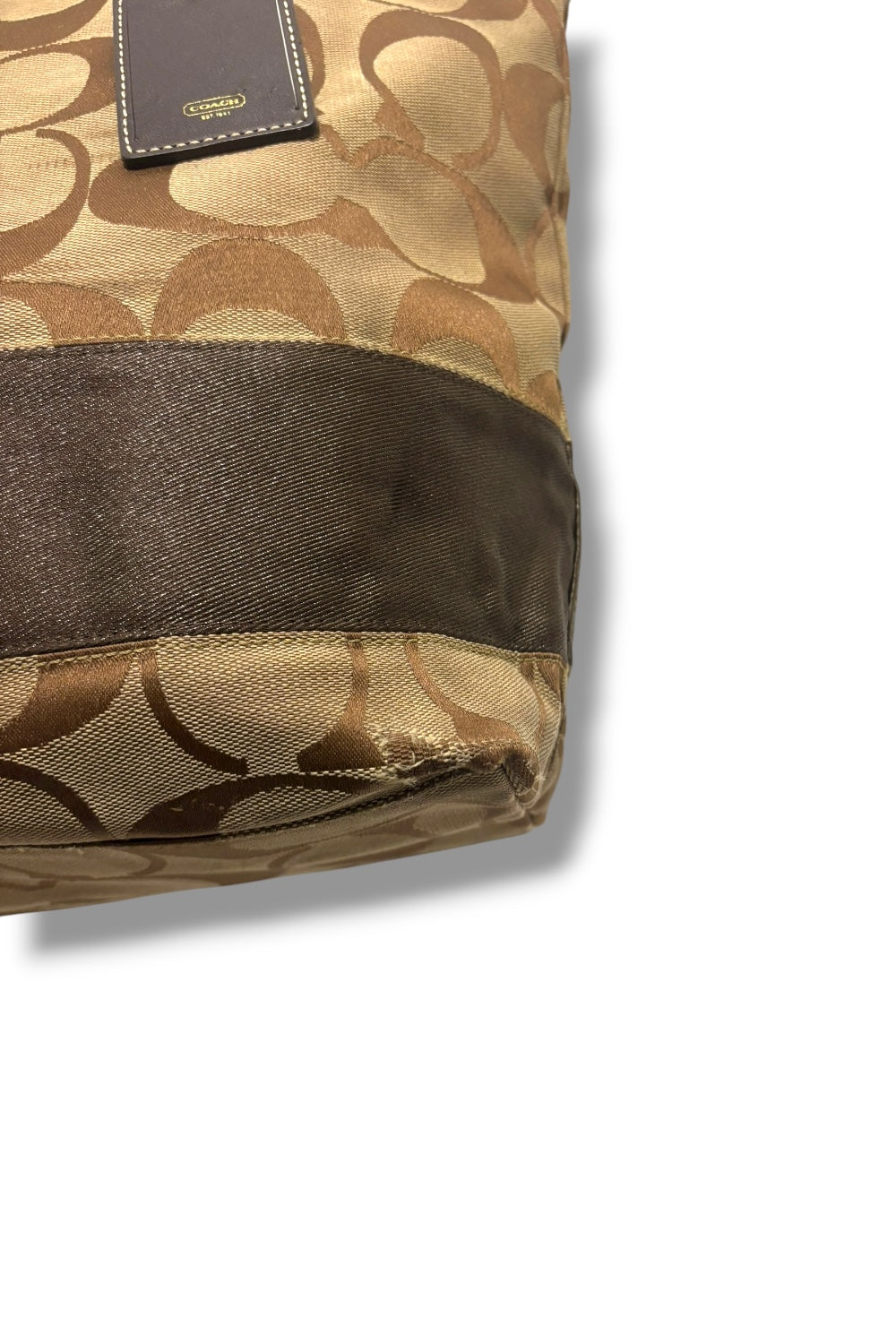 Coach Brown Khaki Signature Stripe Vintage Canvas & Leather Tote Shoulder Bag