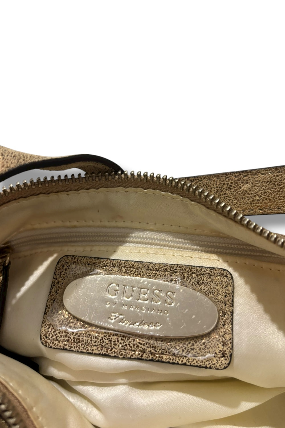 Guess Gold Vintage Y2K Sparkly Metallic Canvas & Suede Signature Shoulder Bag